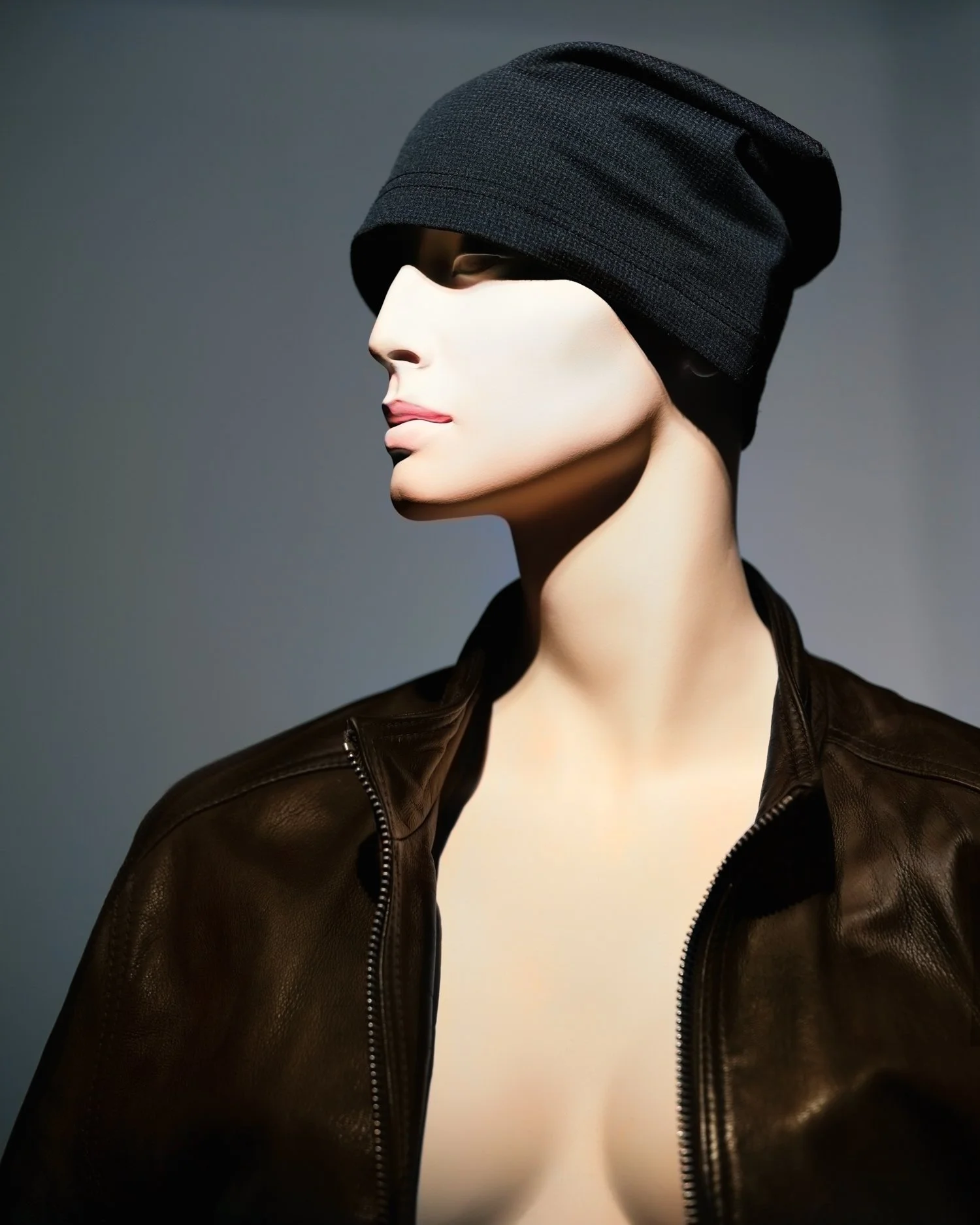 A mannequin wearing a black beanie hat, dark sunglasses, a black leather jacket, and a beige top, against a dark gray background.