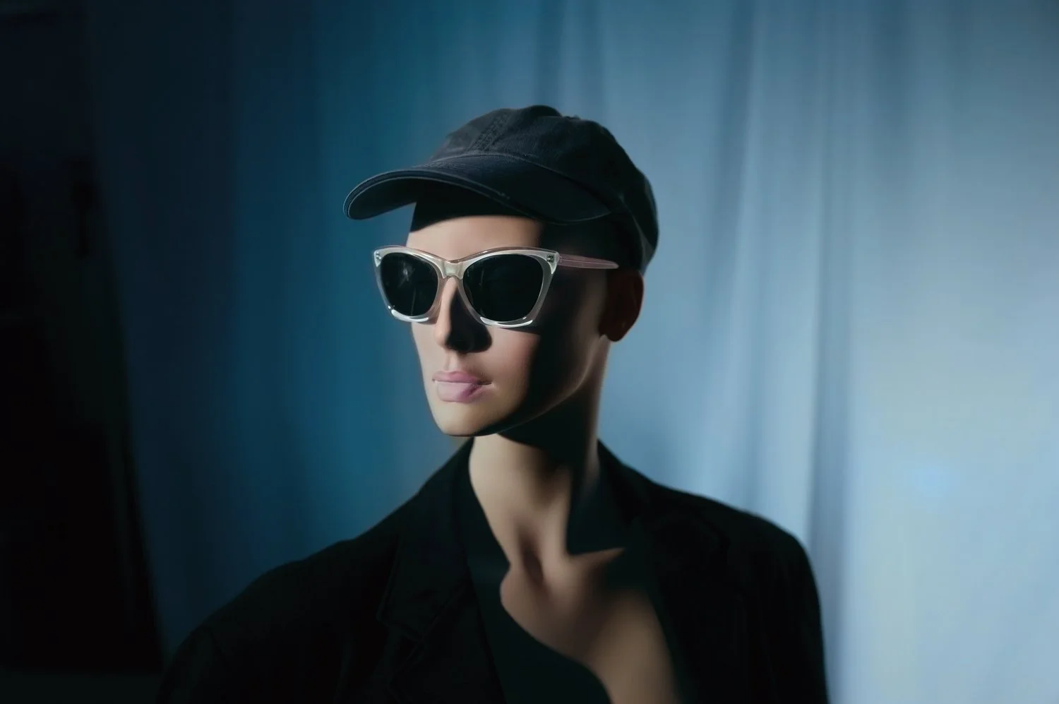 Woman wearing sunglasses, a black cap, and black clothing standing against a light background.