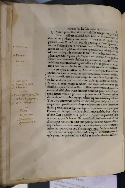 Page from an annotated copy of Marsilio Ficino’s De vita libri tres , 1496