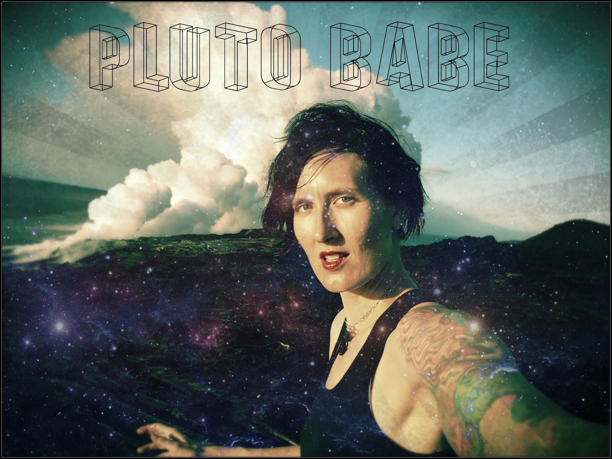 Pluto Babe Thea Wirsching, standing on lava shelf with Pele's plume rising behind her 