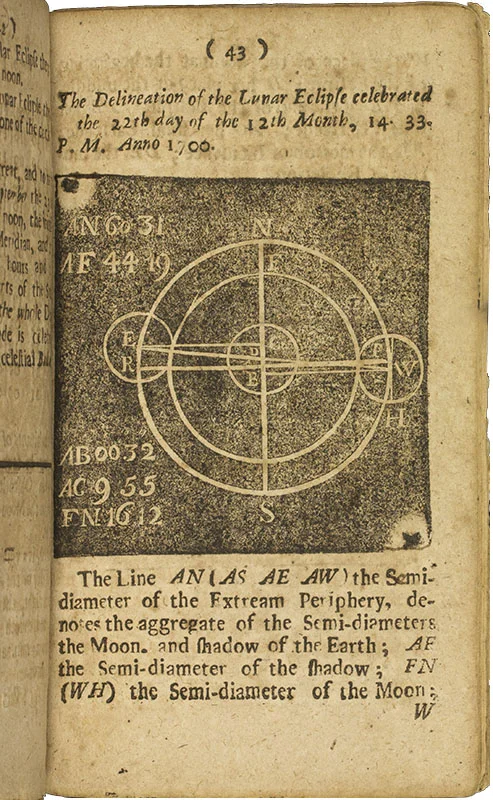Image from astrologer Jacob Taylor’s 1697 book Tenebrae , the first mathematical treatise printed in English in the New World. Image courtesy of The Library Company .
