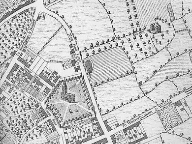 Map of Birmingham in 1731. New Hall Lane is now Colmore Row, with Newhall Street shown as the avenue down to the mansion.