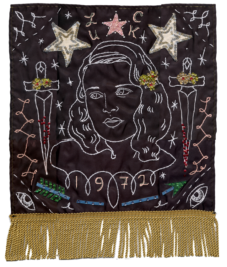 Luck - 1972 - 2003, hand embroidery, sequins and appliqué on satin. Collection of Maya Rudolph.