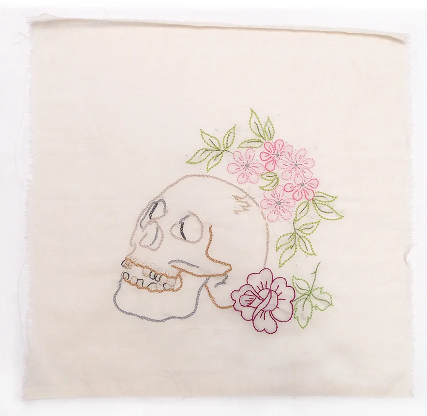 Skull and Flowers Template - Version 1 - 2012, hand embroidery on muslin.