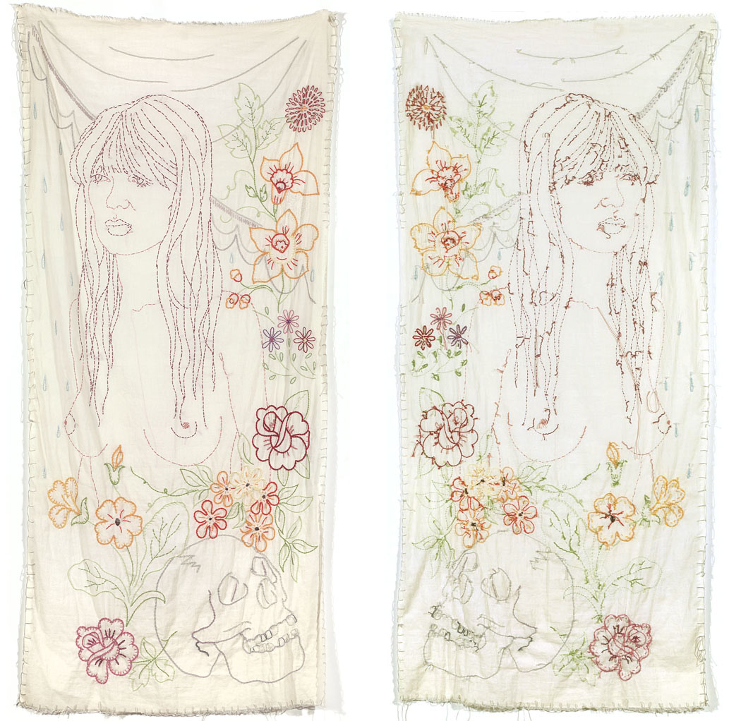 Nico, Nude and Deaf in One Ear (recto and verso) - 2013 - 2014, 84" x 40", hand embroidery on muslin.
