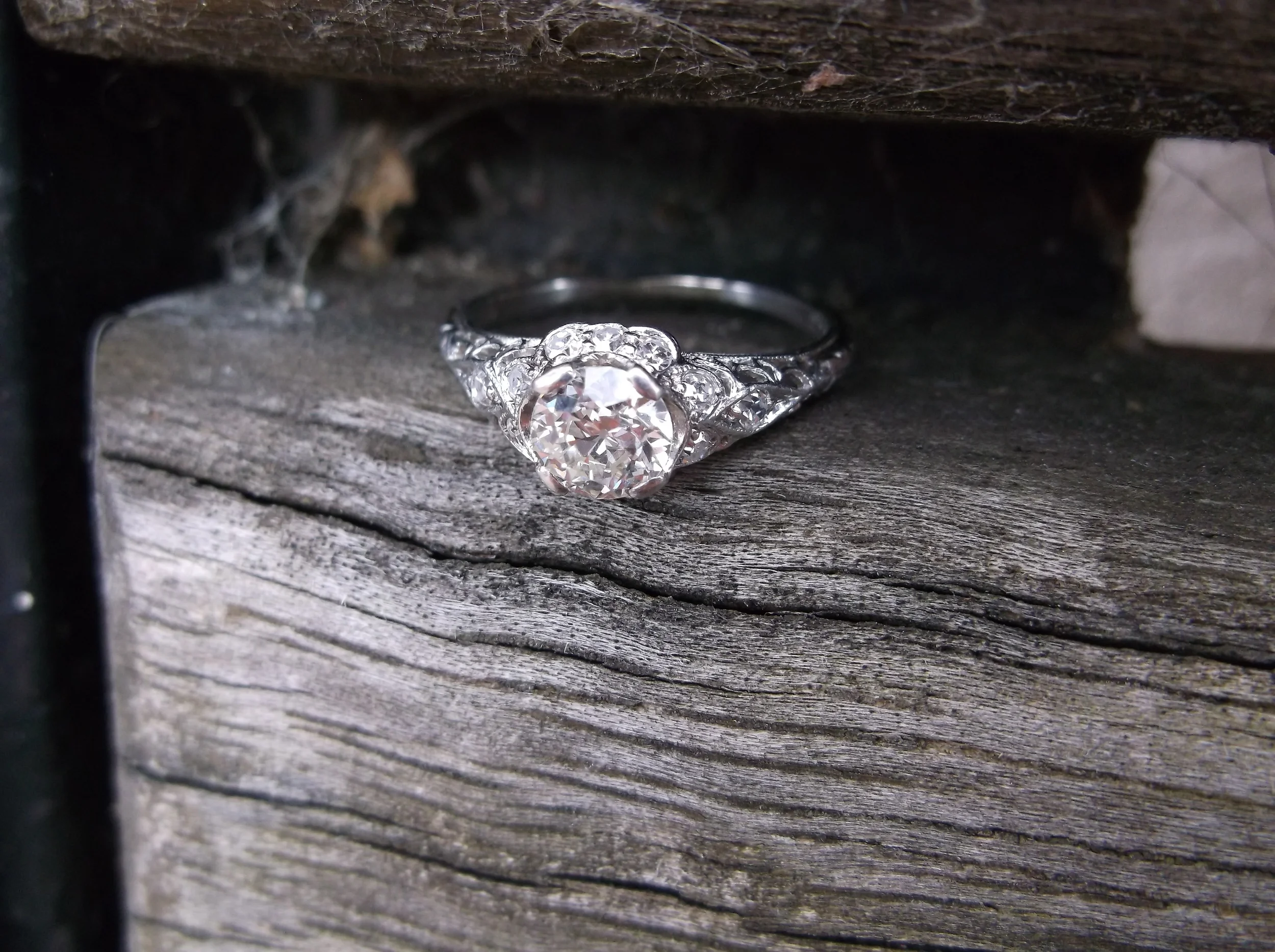 SOLD - Absolutely gorgeous Art Deco 0.55 carat Old European cut diamond ring with beautiful diamond detail set in platinum