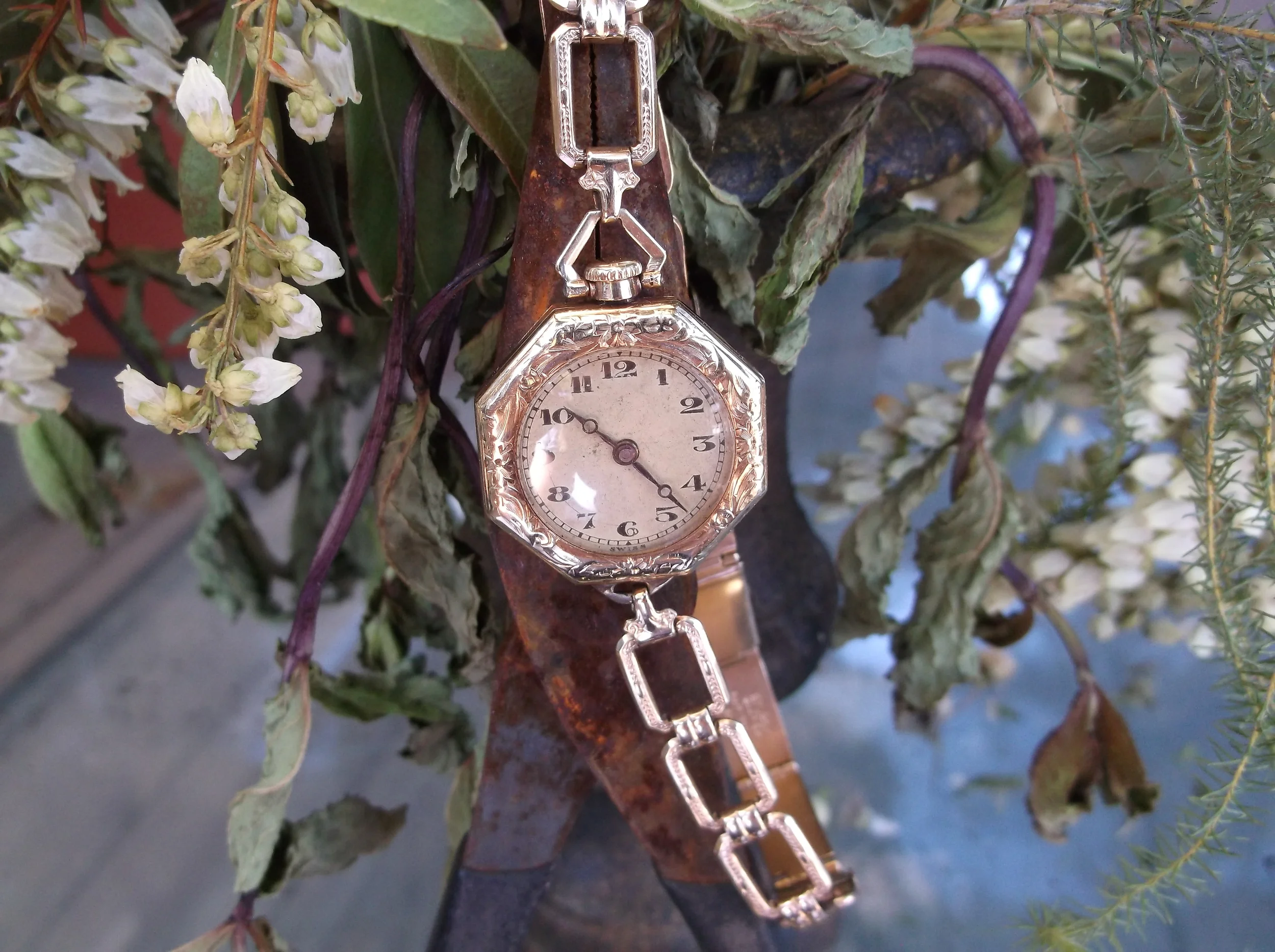SOLD - Fine hand engraved Victorian Era wrist watch with a beautifully detailed link band.