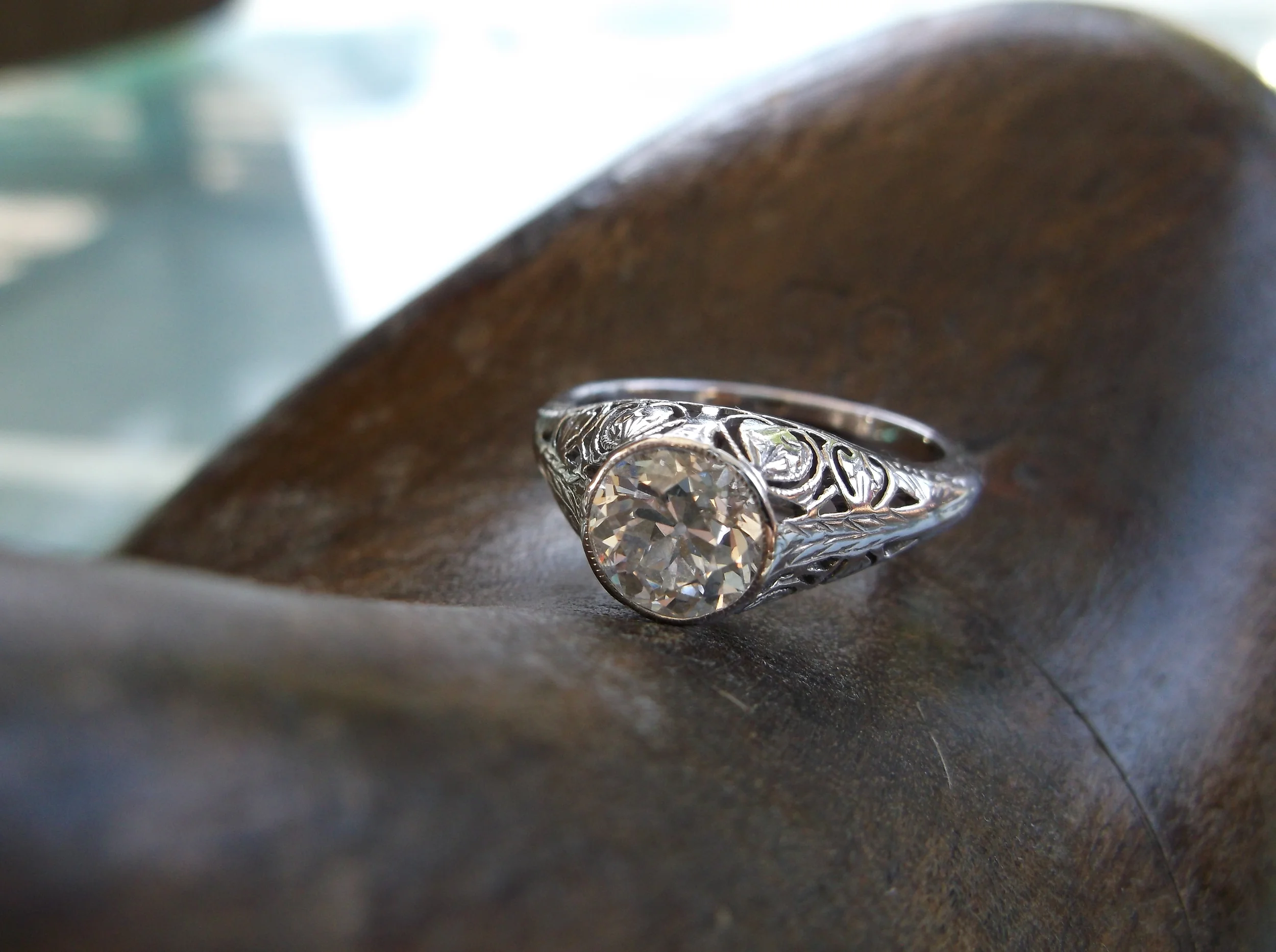 SOLD - Gorgeous Art Deco 1.27 carat diamond ring set in a gorgeous white gold filigree bezel set mounting. 