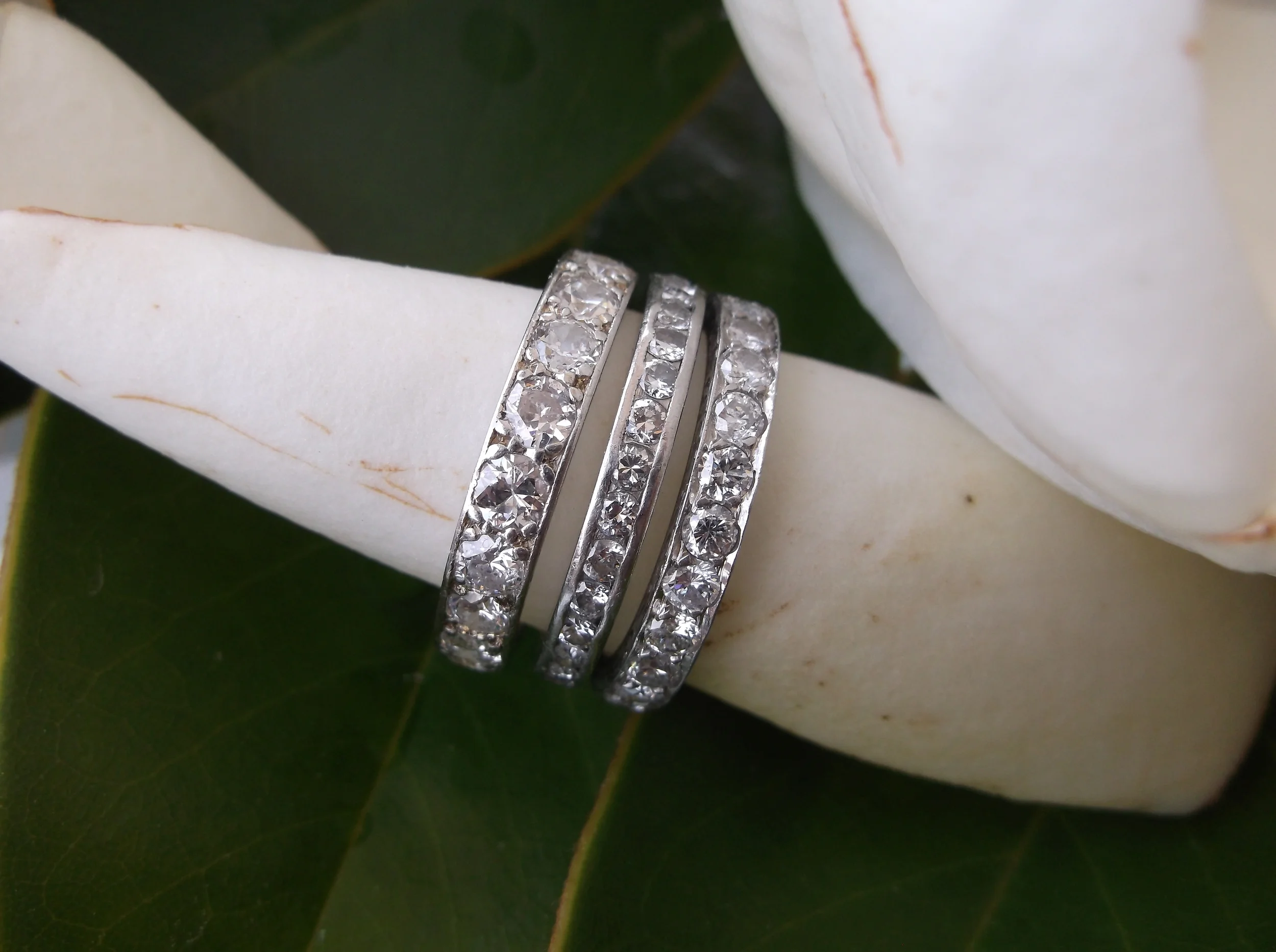 Melba's stack of Art Deco diamond wedding bands. 