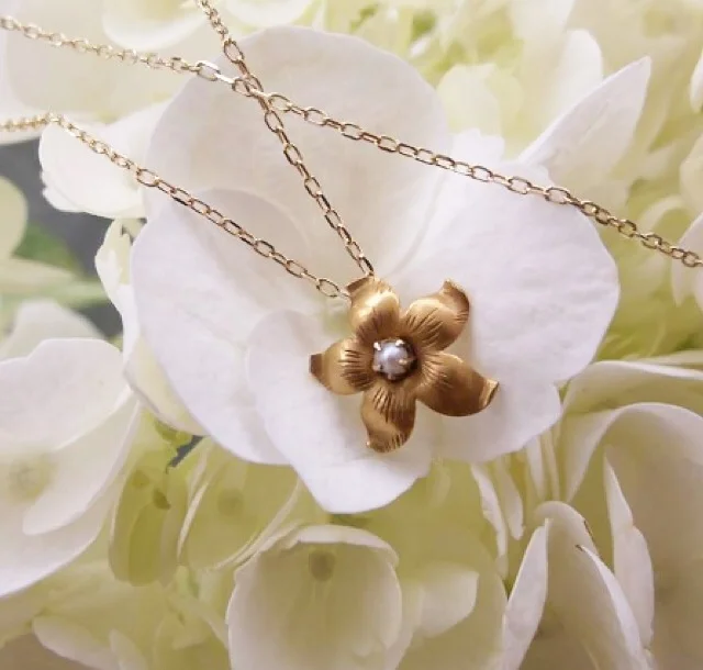 For June: Sweet Victorian Era hand engraved yellow gold and pearl flower pendant. 