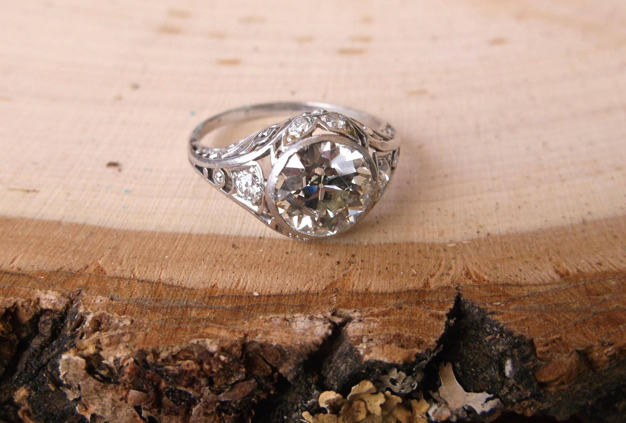 SOLD - Gorgeous Art Deco 2.36 carat Old European cut diamond set in a beautiful diamond and platinum mounting. 