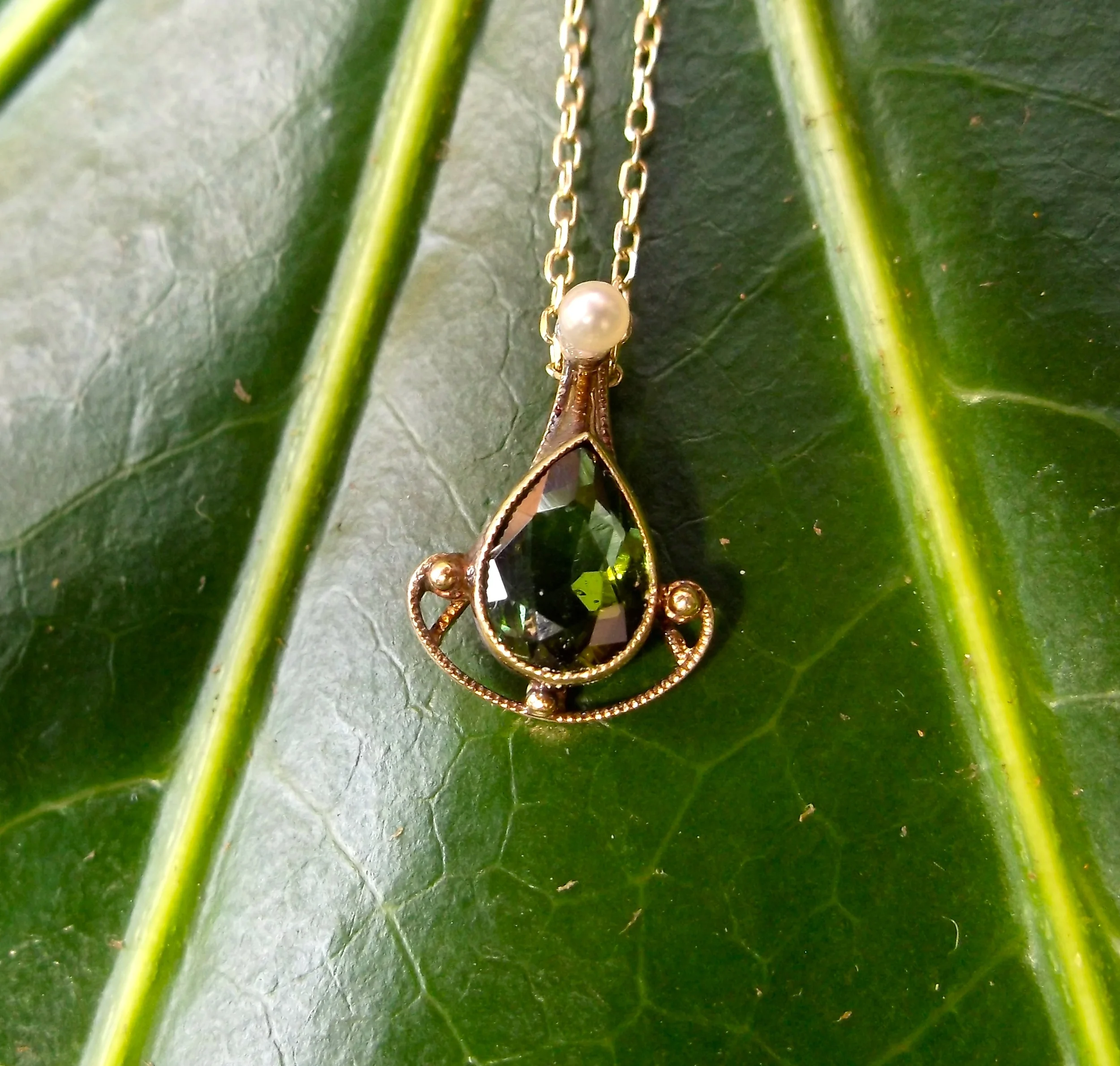 For August: Late Victorian Era green tourmaline, pearl and yellow gold pendant.