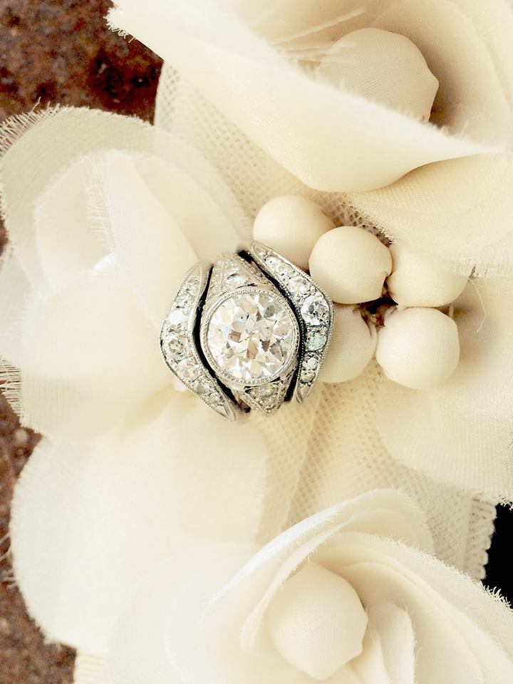 Dolly's stunning Art Deco diamond ring paired with two heirloom diamond bands. 