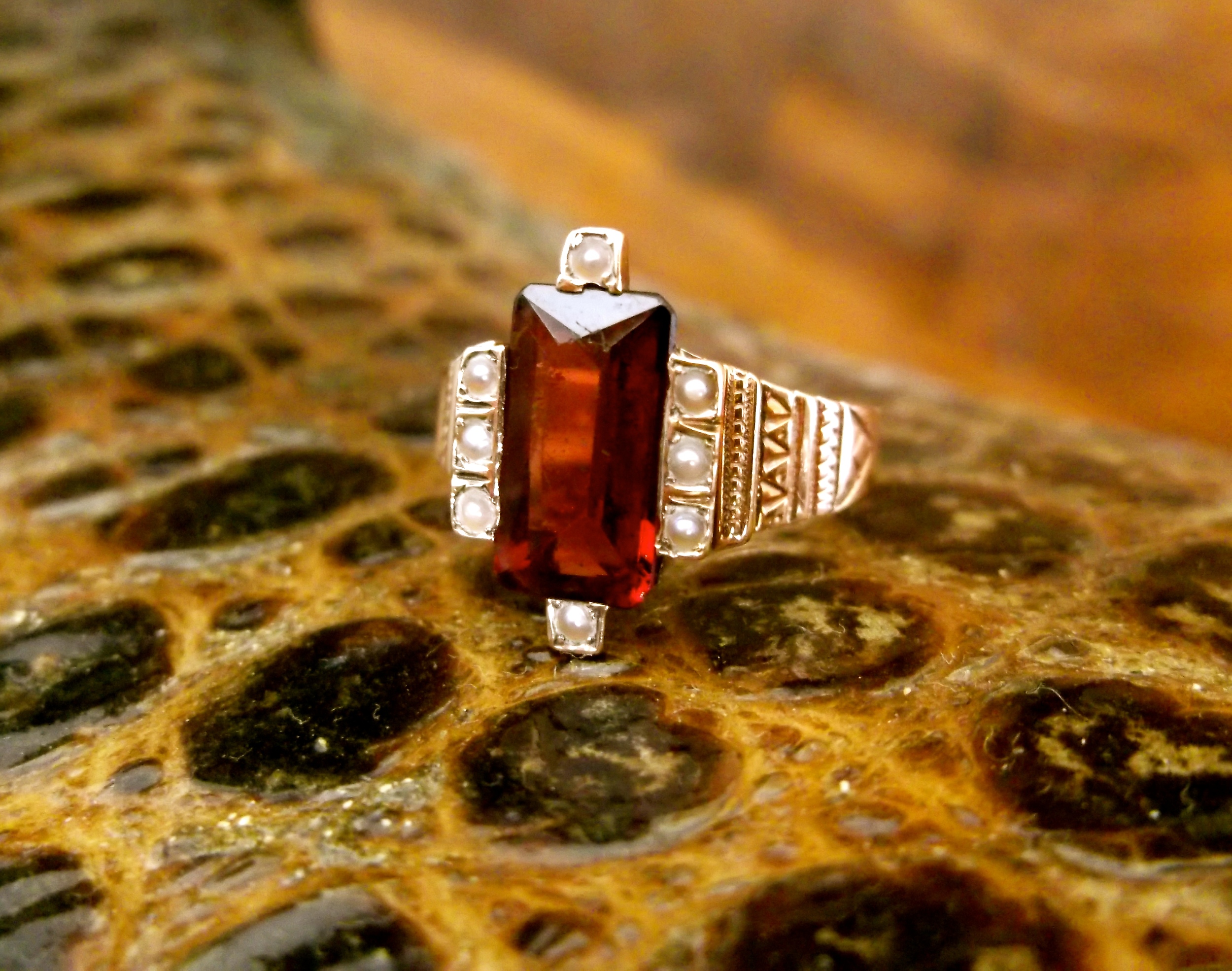SOLD - Beautiful Victorian Era garnet and seed pearl ring set in a yellow hand engraved detail mounting. 