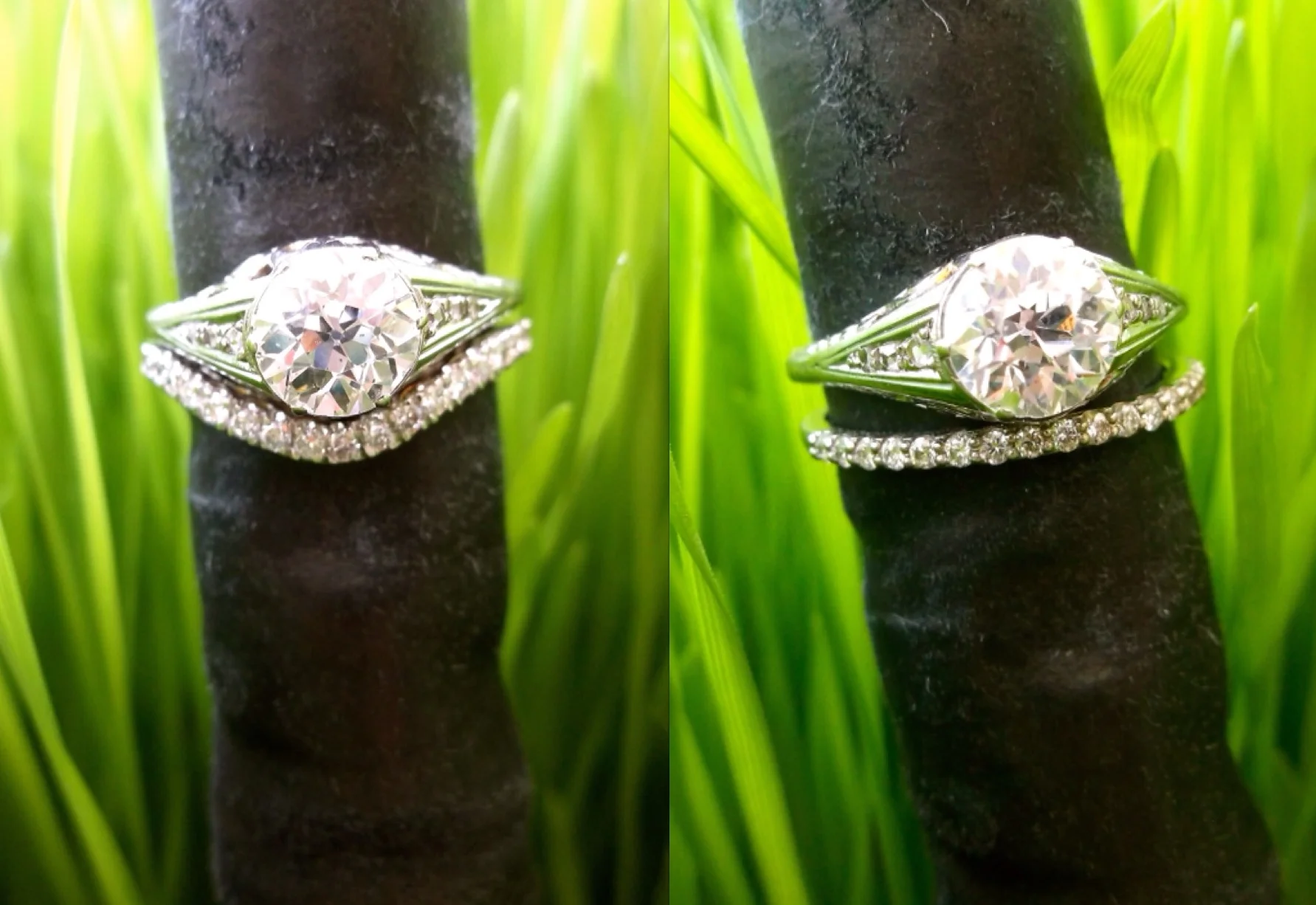 SOLD - The ring: Art Deco 1.10 carat Old European cut diamond set in a white gold and diamond mounting. The straight band: 0.25 carats total weight in diamonds set in 14K white gold. The curved band: 0.25 carats total weight in diamonds set in 18K white gold. 