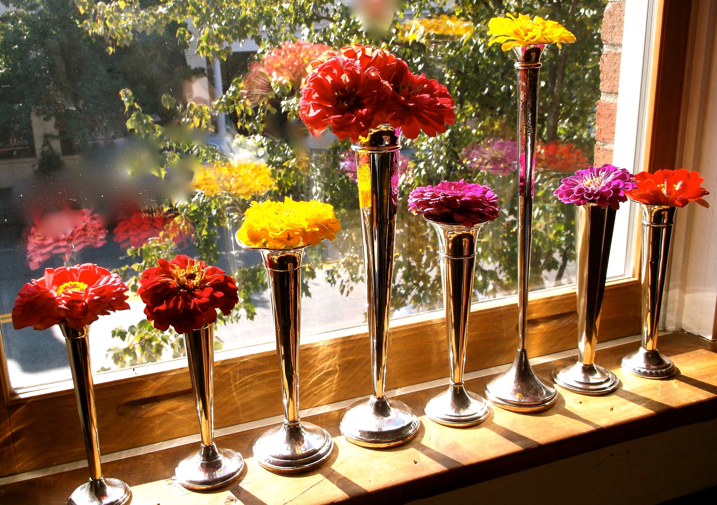An assortment of sterling bud vases filled with fresh zinnias from the Franklin Farmers Market!
