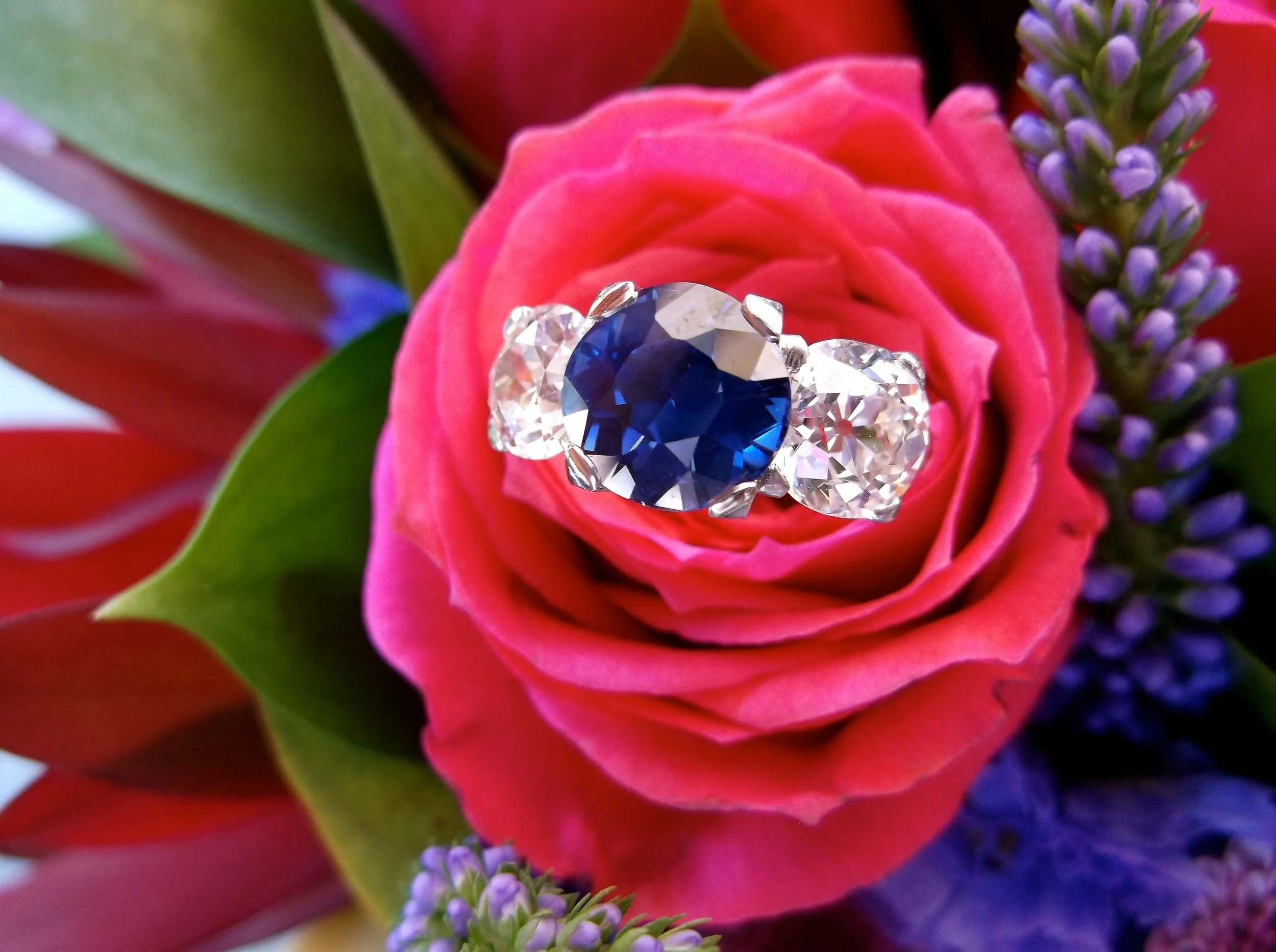 SOLD - Gorgeous Art Deco 3.15 carat GIA certified, natural, no treatment, Sri Lankan sapphire set in platinum with 2.39 carats total weight in Old European cut diamonds. 