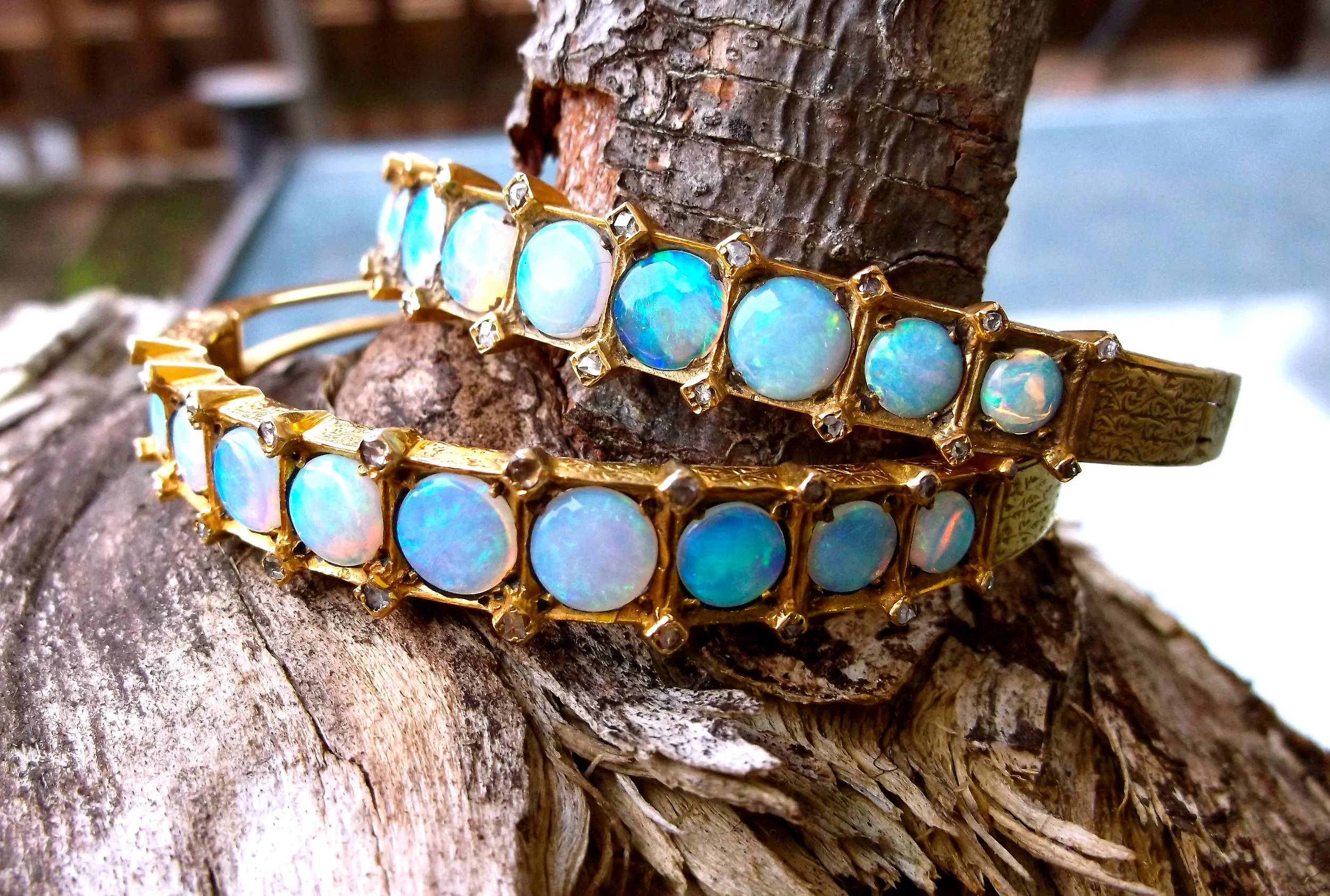 SOLD - Stunning pair of mid Victorian era (1850's) crystal opal, diamond and yellow gold bangle bracelets with beautiful hand engraved detail. 