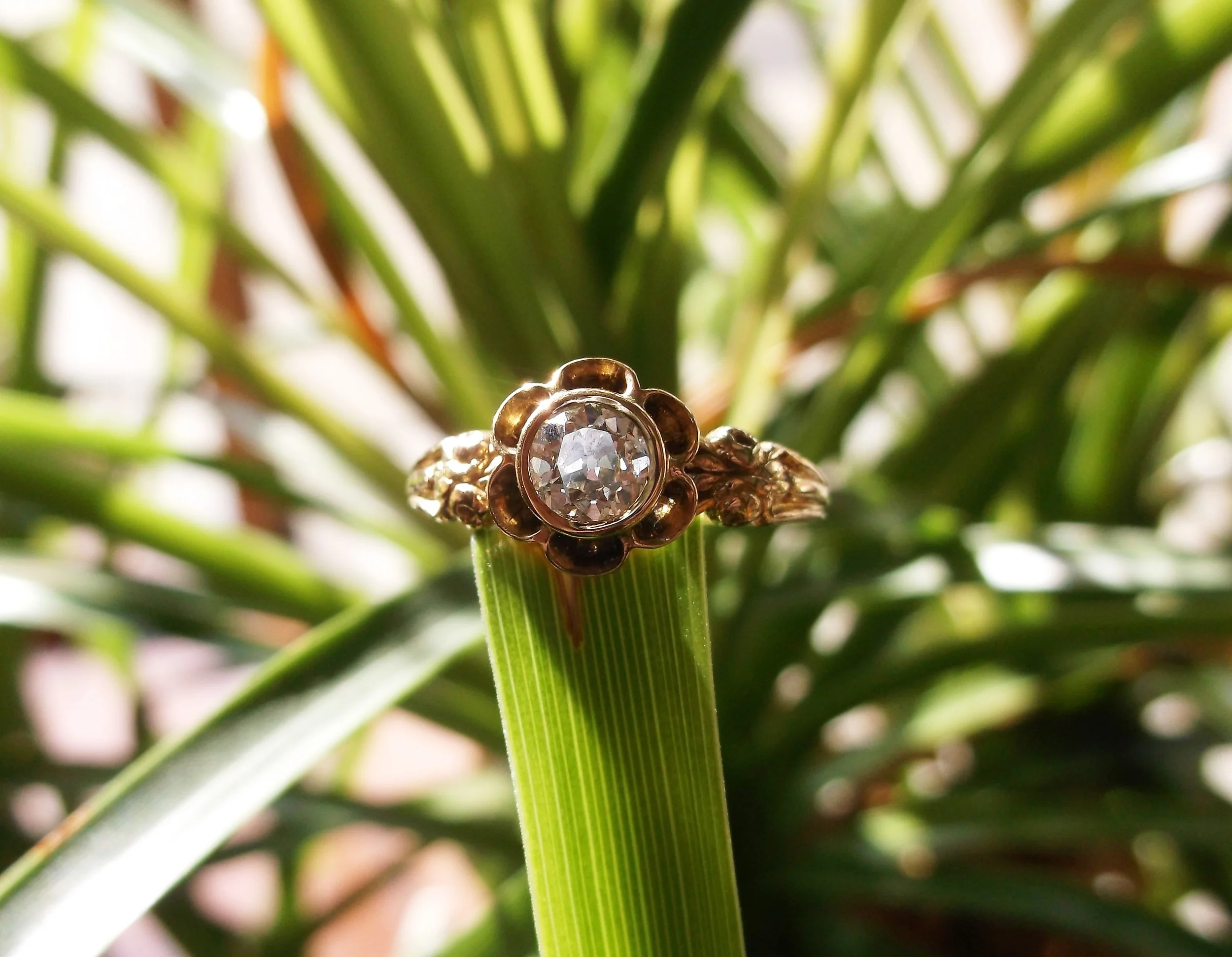SOLD - Lovely Victorian era ring with a bezel set 0.48 carat Old Mine cut diamond set in 14K yellow gold. 