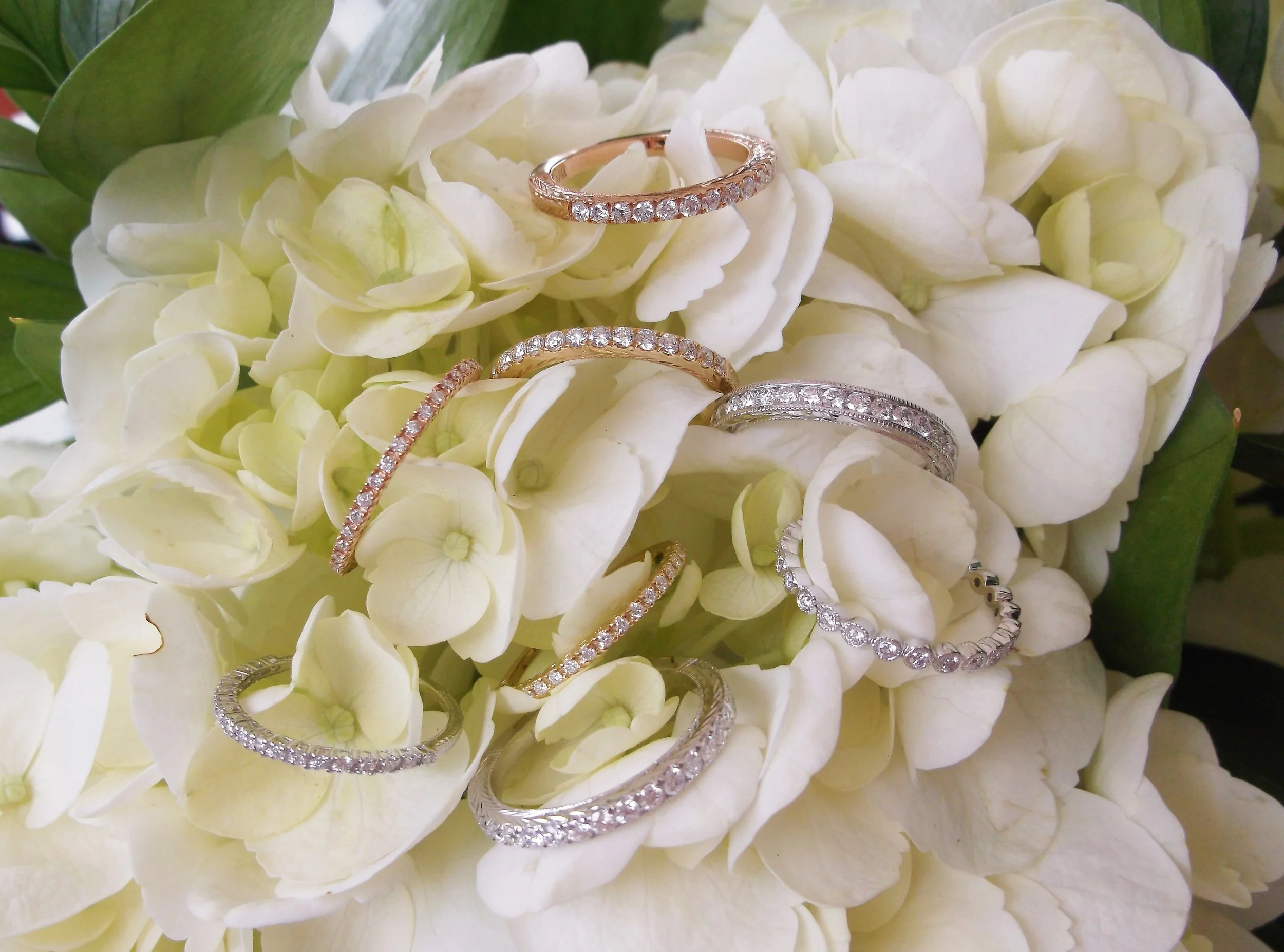 A lovely array of diamond bands in yellow gold, white gold and rose gold that stand on their own, make gorgeous stacks and pair beautifully with antique engagement rings! 