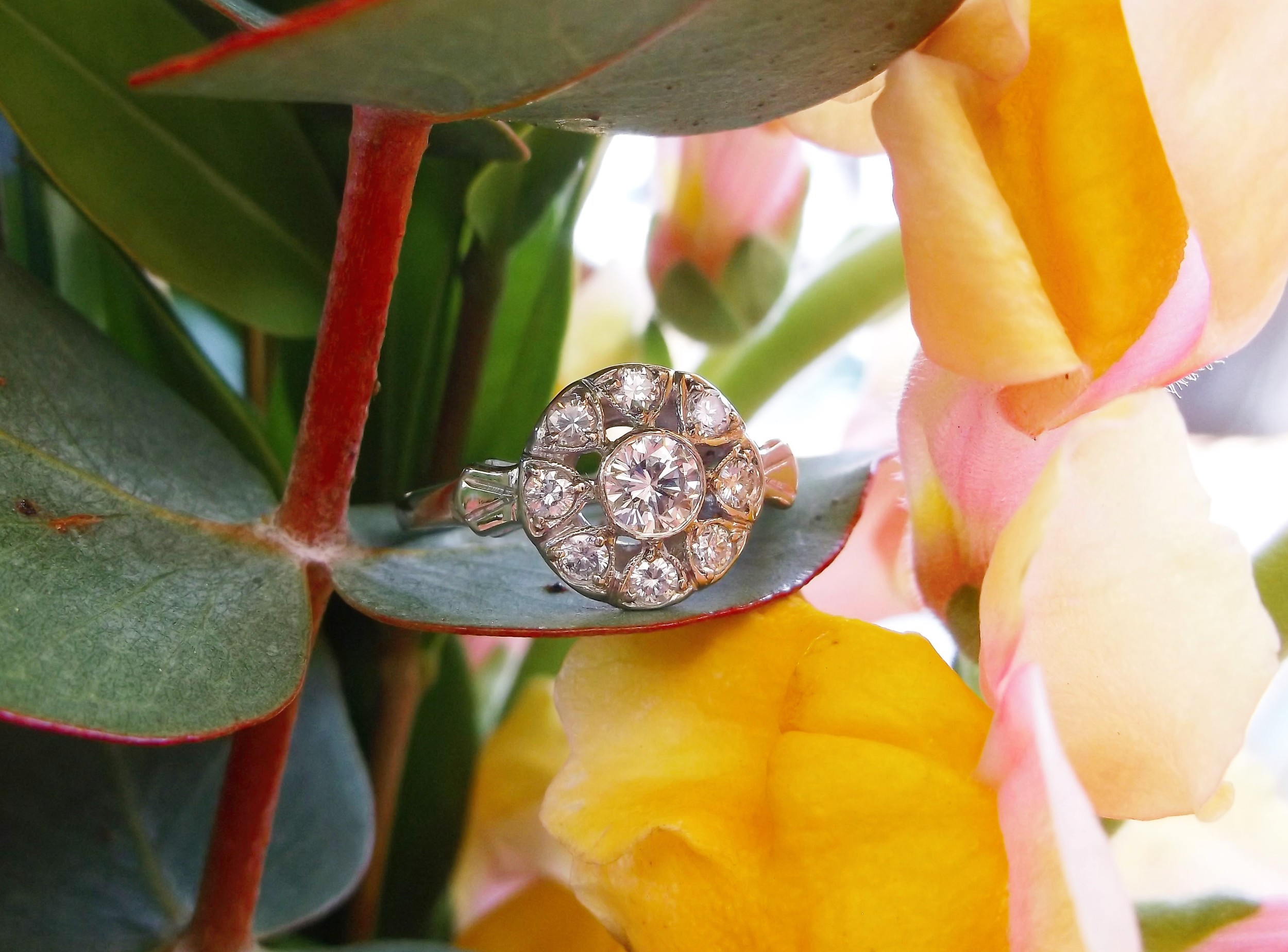 SOLD - Lovely 1930's 14K white gold and diamond ring with 0.56 carats total weight in diamonds.