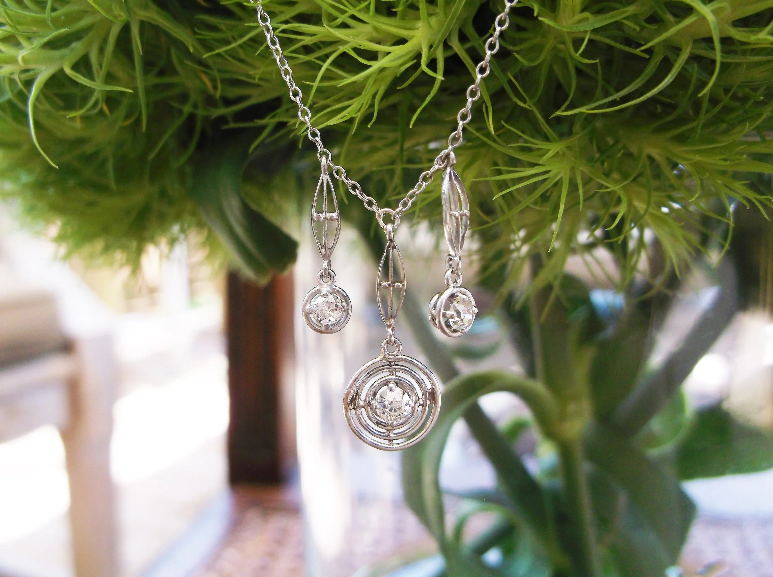SOLD - Beautiful Art Deco Old Mine cut diamond, platinum and white gold necklace with 0.22 carats total weight in diamonds.