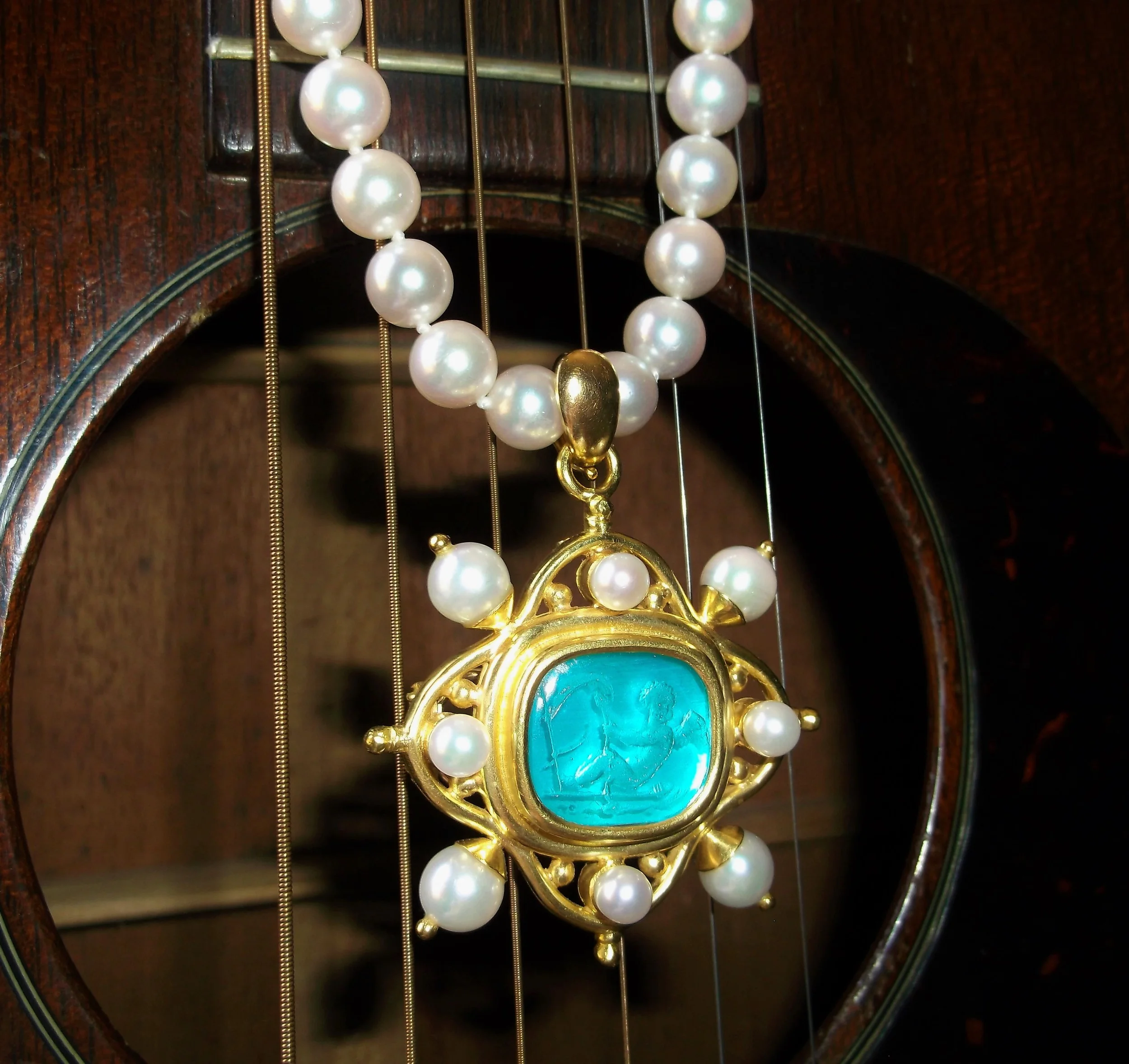 SOLD - Beautiful signed Elizabeth Locke 19K yellow gold, pearl and carved intaglio Venetian glass pendant/broach on a classic 18" strand of 7.5-8 mm pearls.