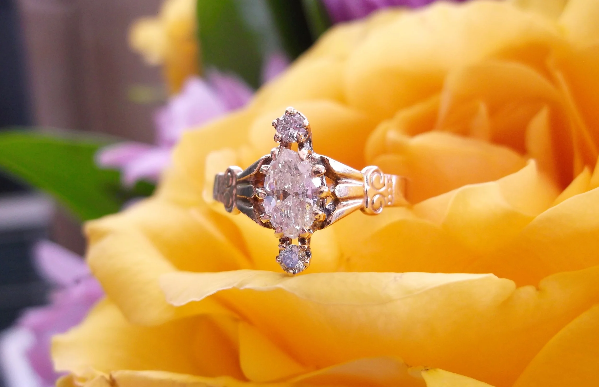 SOLD - Victorian era diamond ring set in yellow gold with a 0.42 carat marquis diamond.