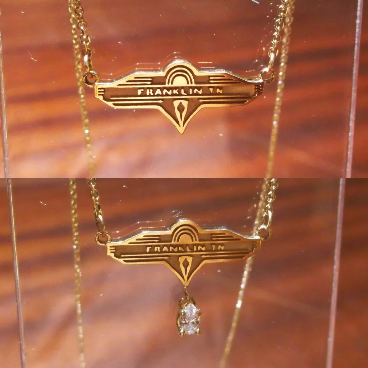 We are very excited to share with you our legacy to Franklin; this lavalier style pendant, designed here at Walton's, is modeled after the historic marquis of the Franklin Theatre. The pendant is crafted in 14K yellow gold and can feature a gemstone of your choice dangling below. A portion of each sale will go towards the Downtown Franklin Association. The classic pendant without a gemstone is $350, with a gemstone the price will be dependent on the stone chosen. (The perfect Christmas gift, but must be ordered before December 8th.)