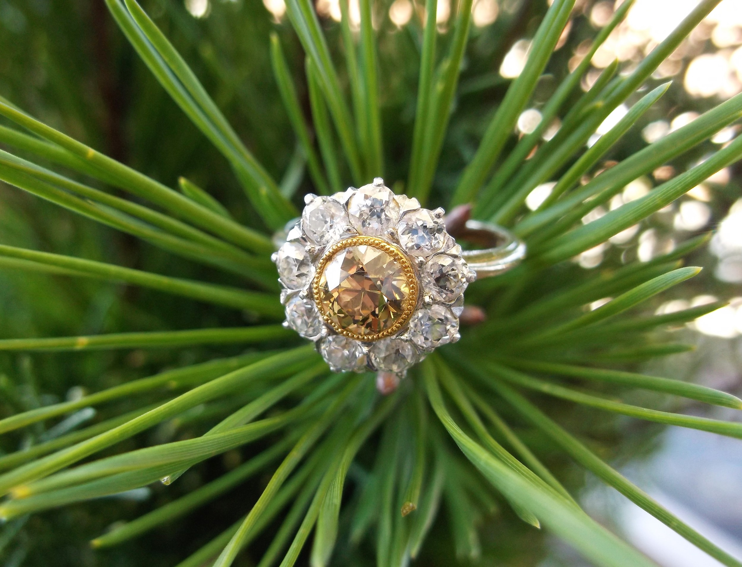 SOLD - Gorgeous Victorian era Old Mine cut diamond ring with a yellow Old Mine cut diamond in the center.