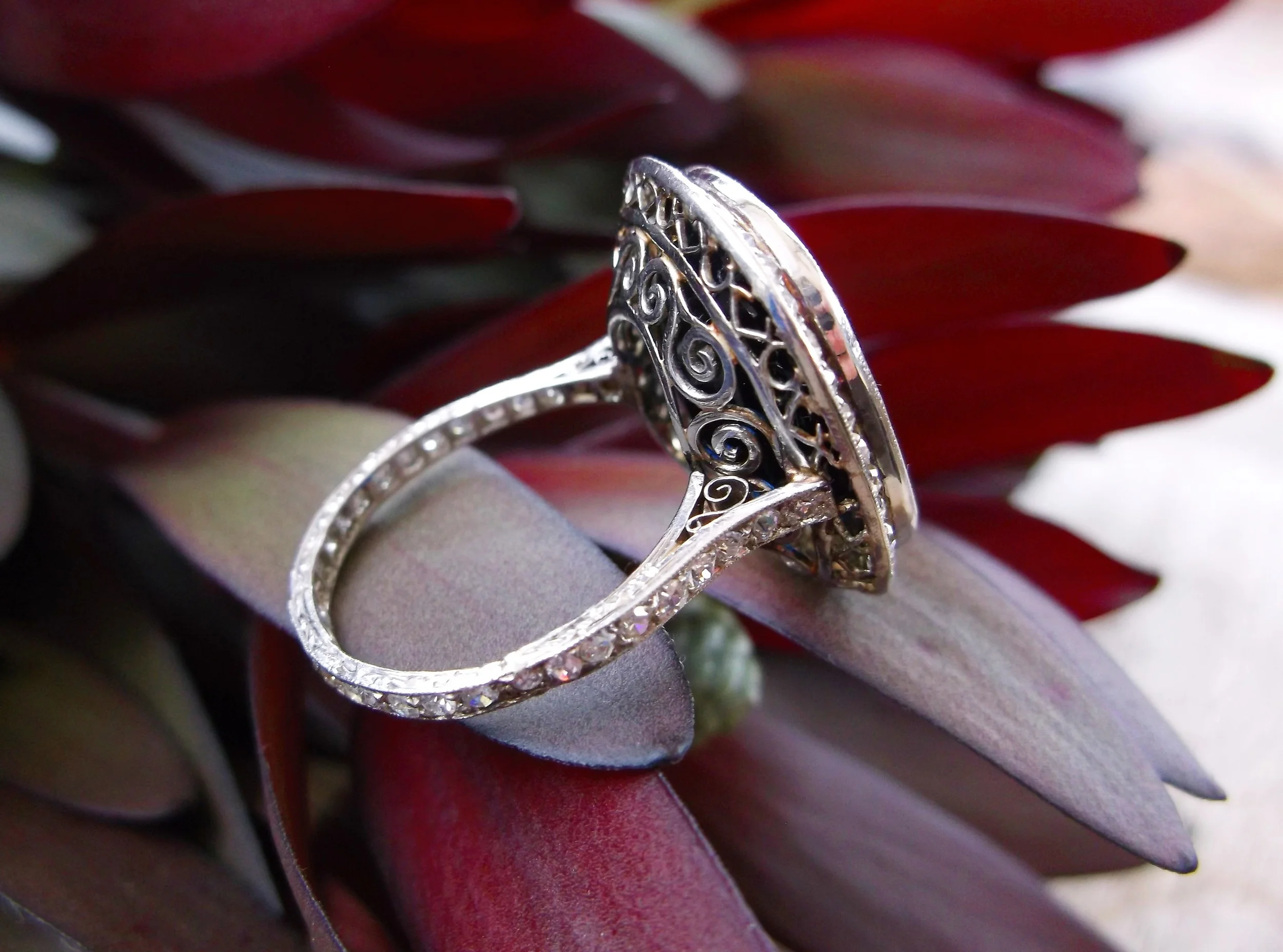 SOLD - Side view of the beautifully detailed mounting for the 15.0 carat sapphire ring.