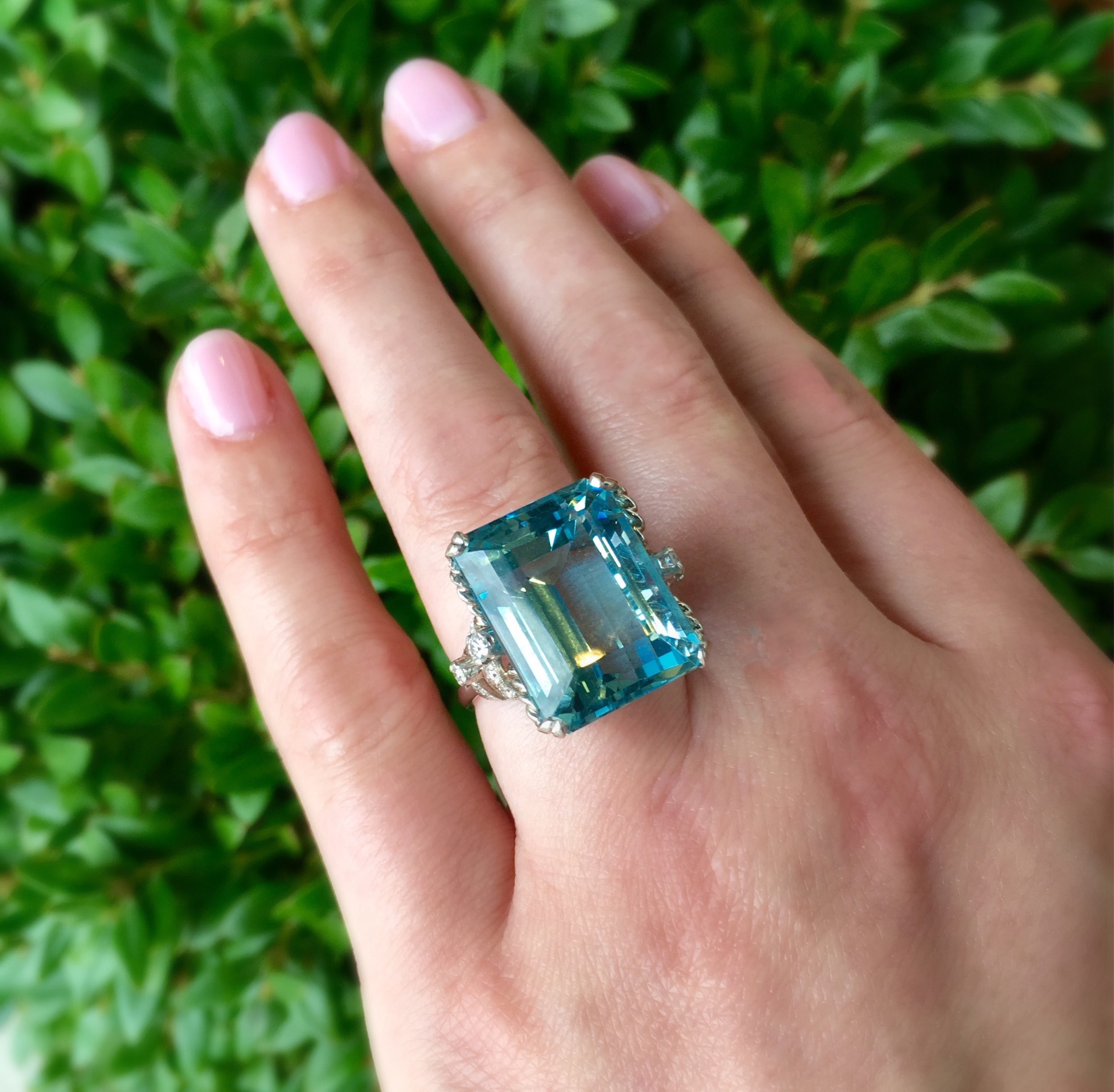 SOLD - Jaw dropping 23+ carat aquamarine, diamond and platinum ring. 
