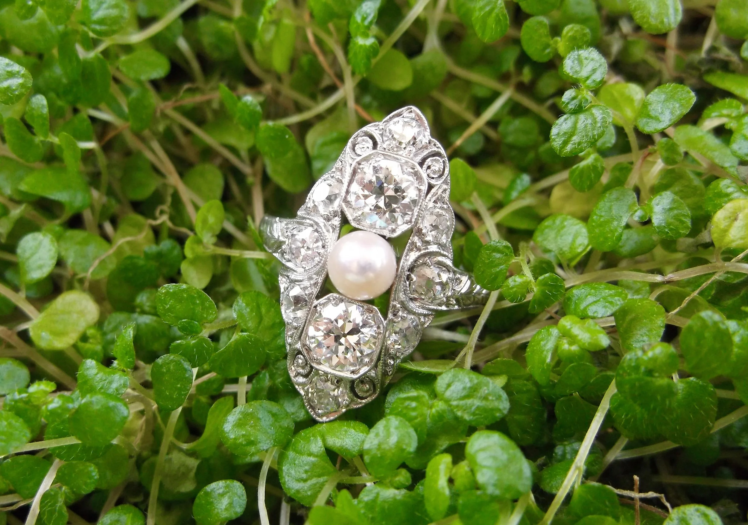 SOLD - Lovely 1920's Old European cut and Old Mine cut diamond ring set in platinum with a beautiful pearl in the center.
