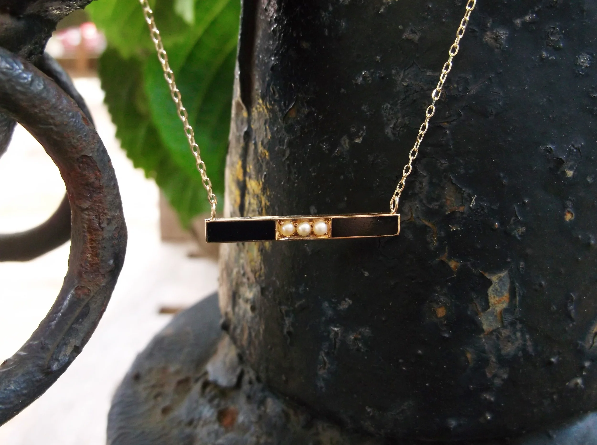 SOLD - Victorian era black enamel, seed pearl and yellow gold necklace.