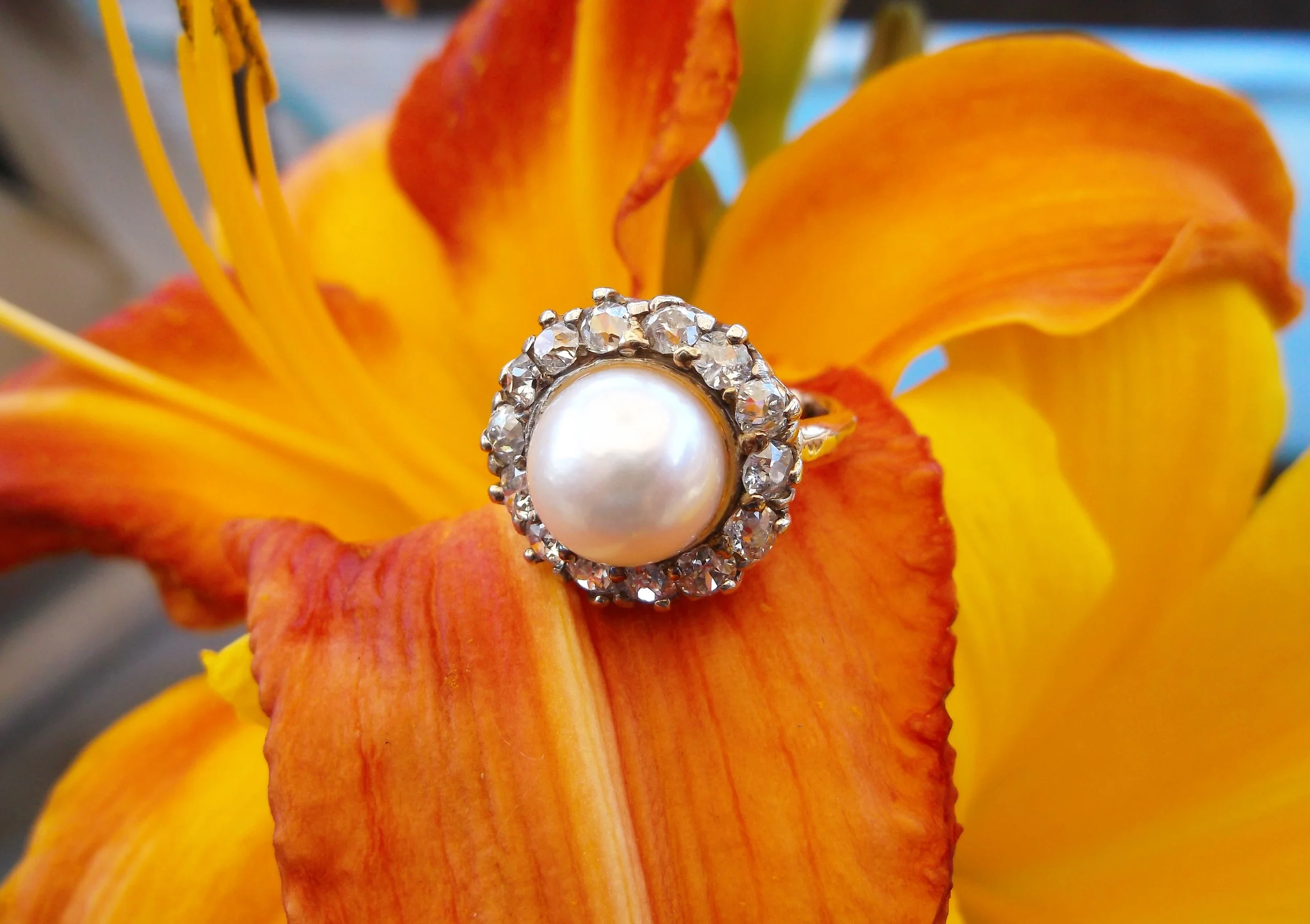 SOLD - Superb turn of century, platinum topped gold, pearl ring surrounded by 1.25 carats total weight in Old Mine cut diamonds.