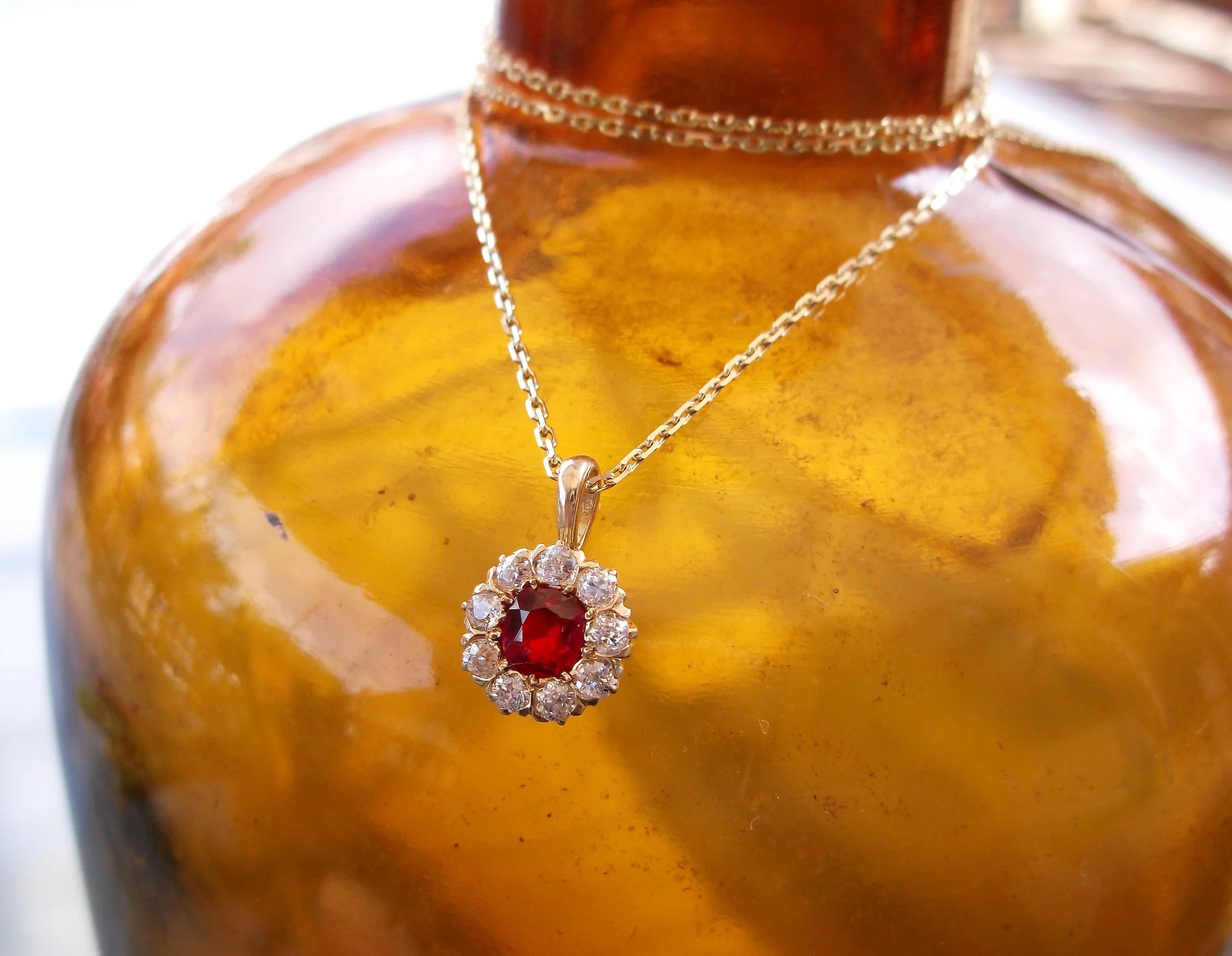 SOLD - Captivating Victorian era ruby, diamond and yellow gold pendant.