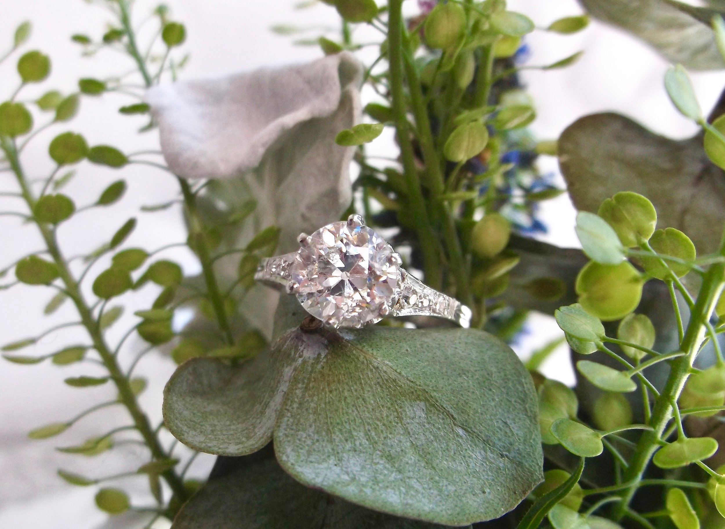 Timeless 1.34 carat Old European cut diamond set in a six prong platinum mounting with 0.06 carats in accent diamonds. Shop this beauty HERE. 