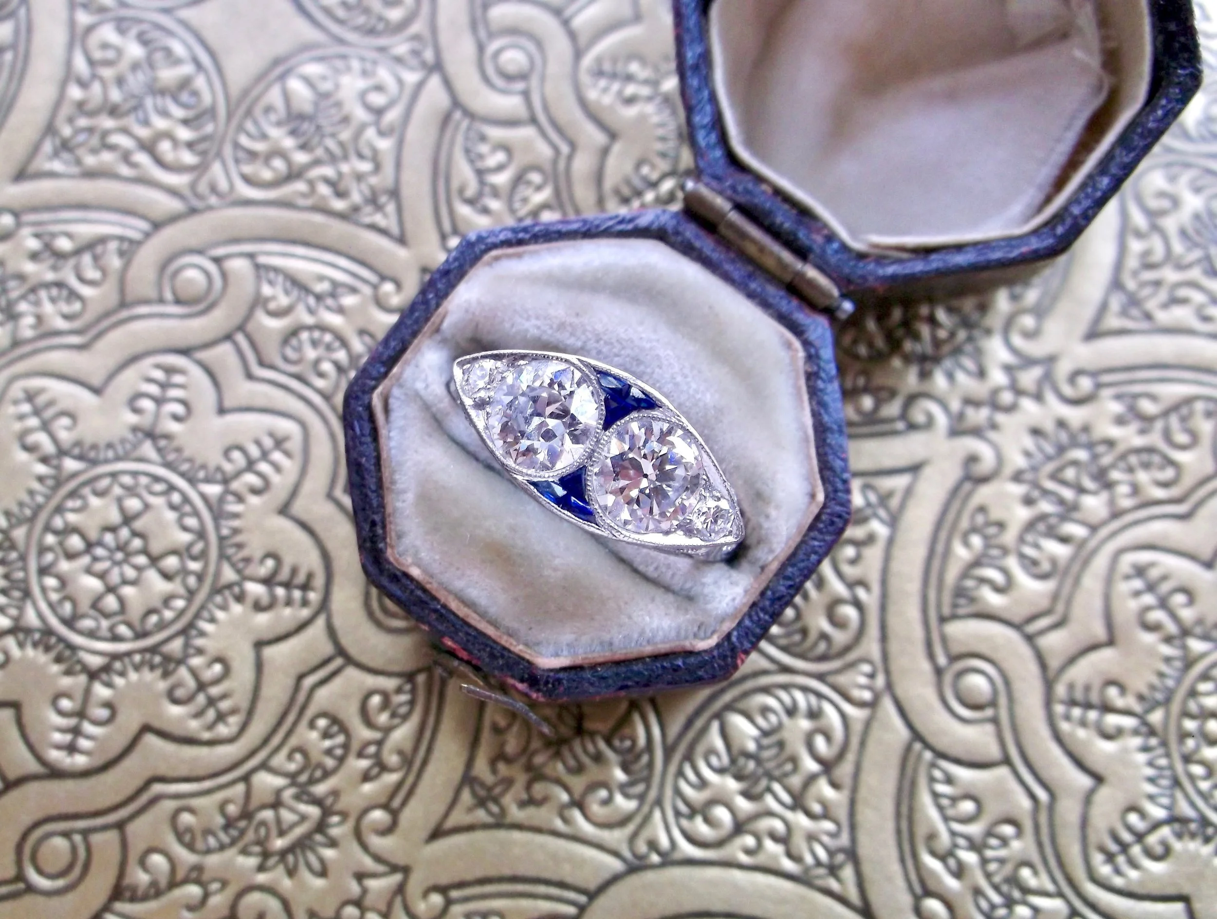 Add a little pop of color with this fabulous Art Deco Old European cut diamond and sapphire ring! Shop this beauty HERE . 