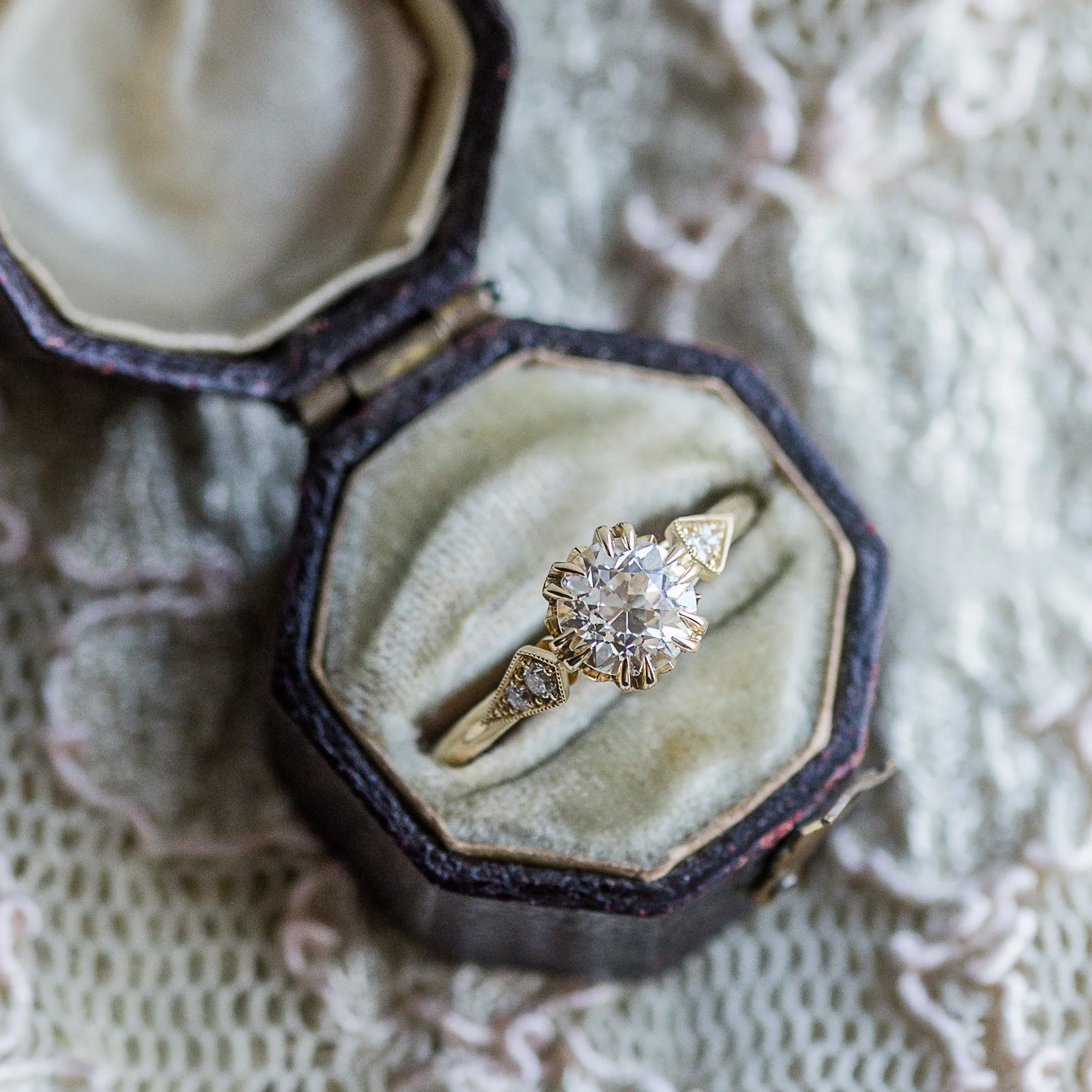 A stunning Old European cut diamond, stylish yellow gold, an antique jewelry box and a little lace. Need we say more?? Shop HERE . 