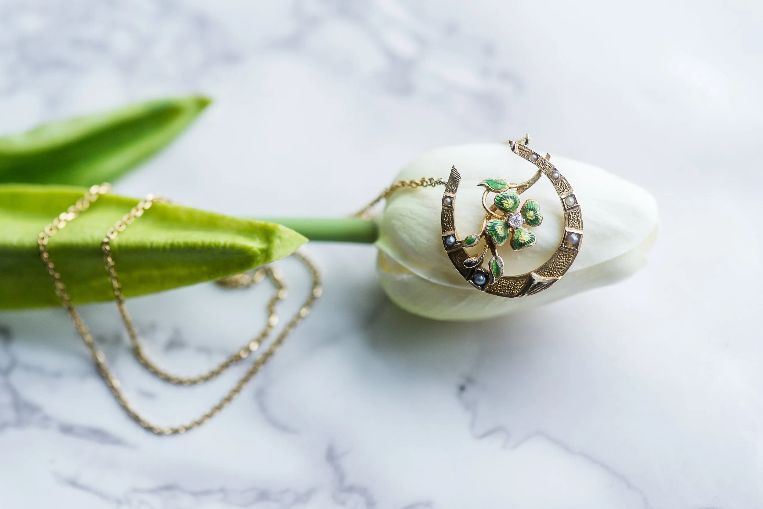 A Victorian era yellow gold horseshoe, diamond, pearl and green enamel necklace that is sure to be your good luck charm! Shop this fabulous piece HERE . 