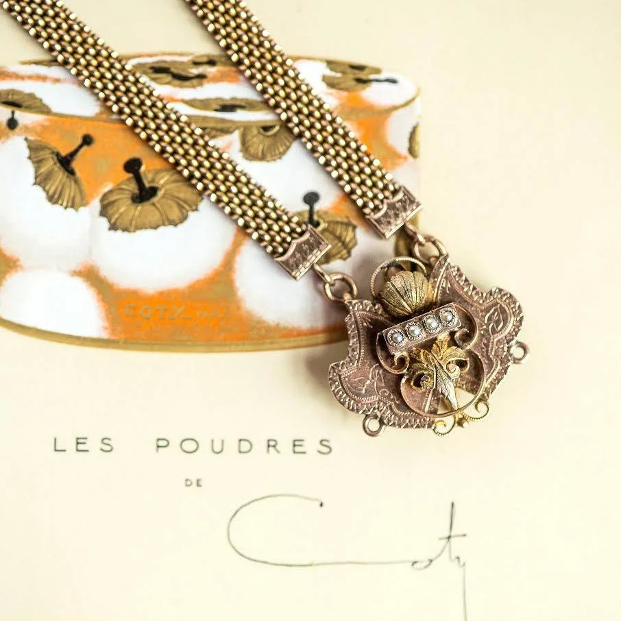 We are so thrilled to be partnering with Rare Prints Gallery to feature some of our favorite pieces paired with some of their favorite pieces! We are loving the way this dramatic Estrucan Revival Era pendant looks draped across the simple and elegant Coty print from the Art Deco era. Shop this beautiful Victorian necklace HERE !