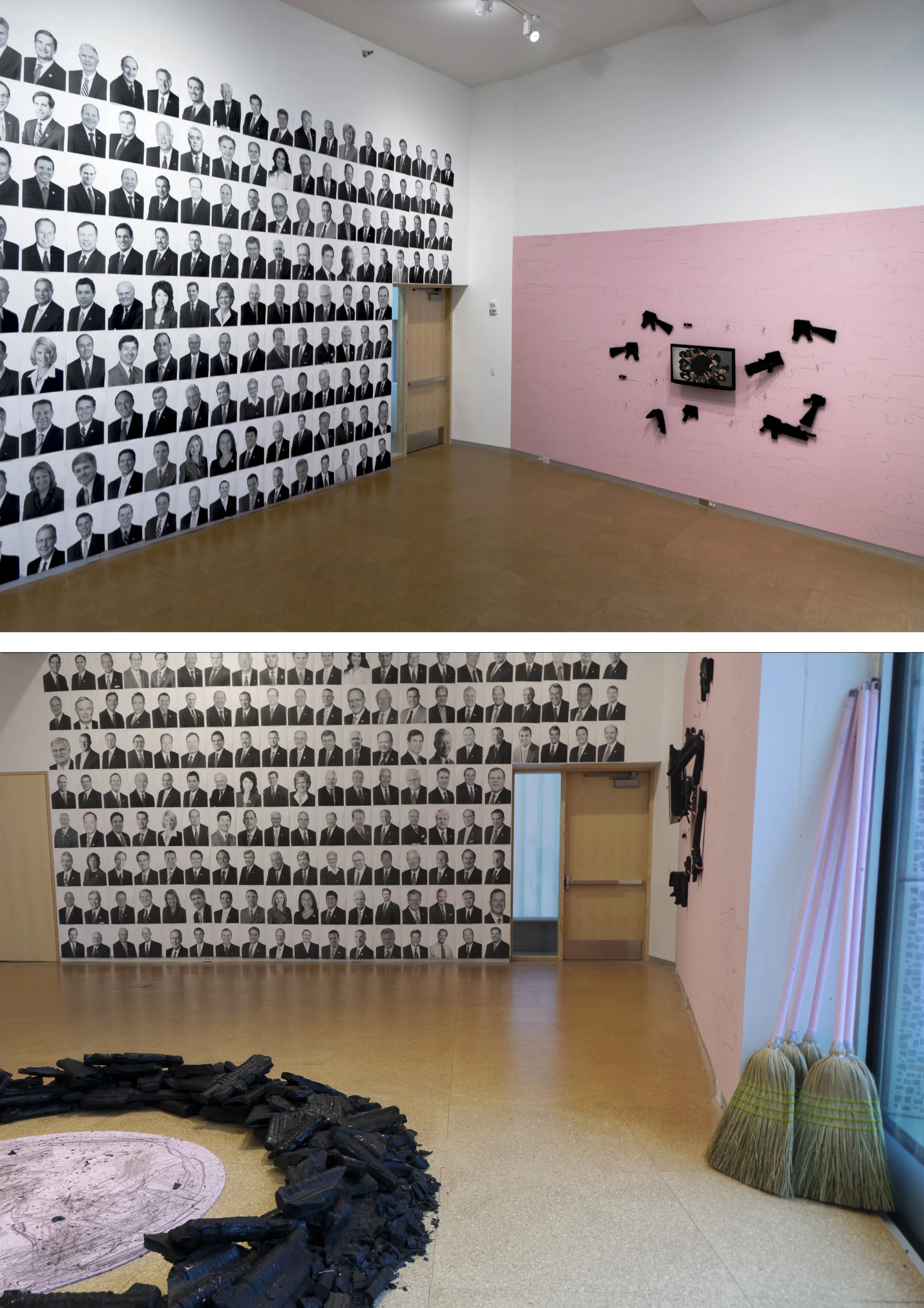 Title: To(get)her: A Culmination Media: Inkjet posters, brooms, artifacts from To(get)her performances, video of To(get)her performances, tracings of 61 assault rifles, 61 destroyed wax assault rifles Size: N/A Date: 2017