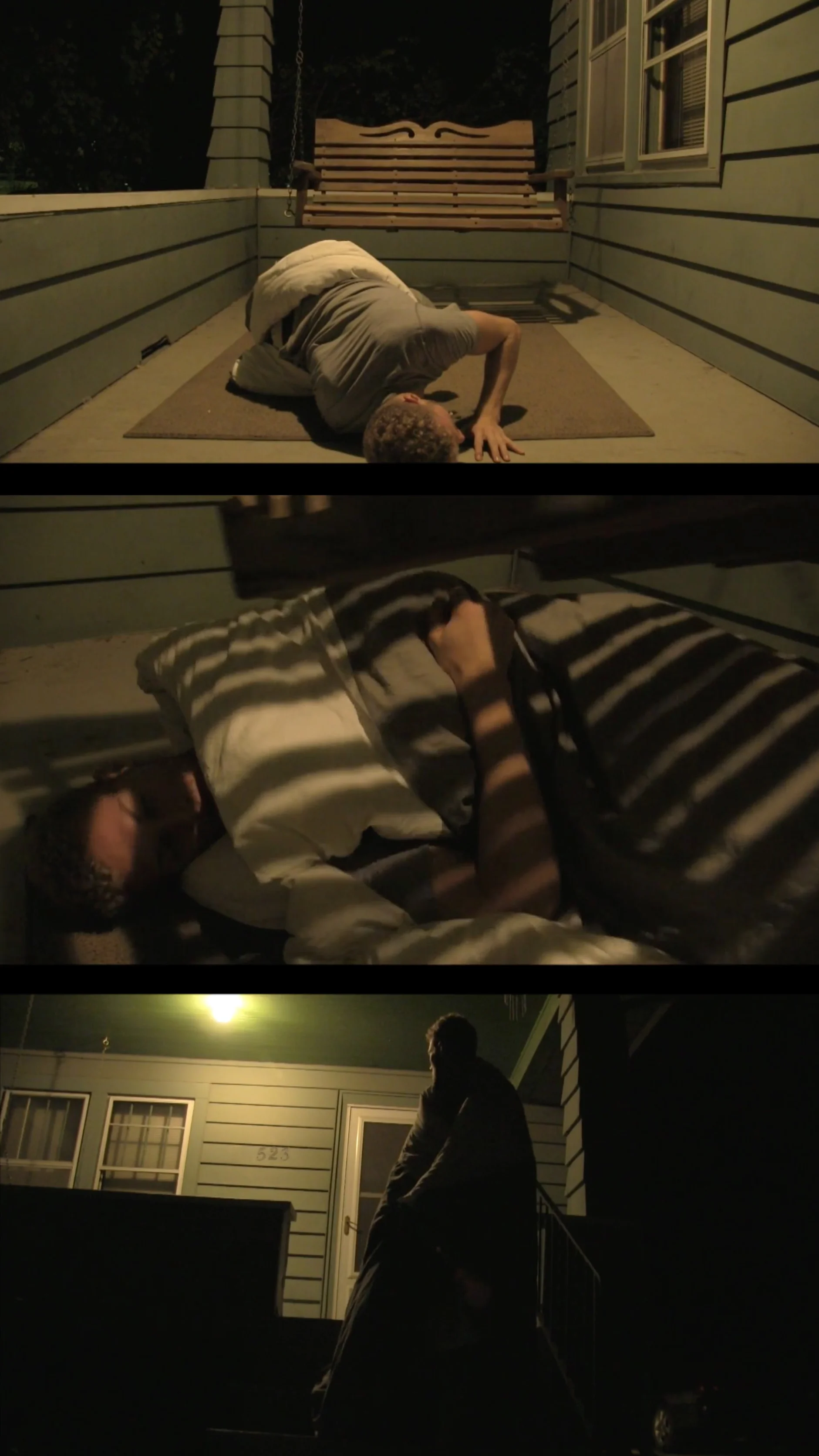 Title: The Porch Course: Intermedia I Unit: Video Student: Ryan Knoff Media: Video Time: 3:44" Date: Fall 2014 Link: https://youtu.be/tgG6KCjxM8M Brief Description: Experimenting with light and shadow, Knoff created a surreal video in which a man cannot leave his porch.