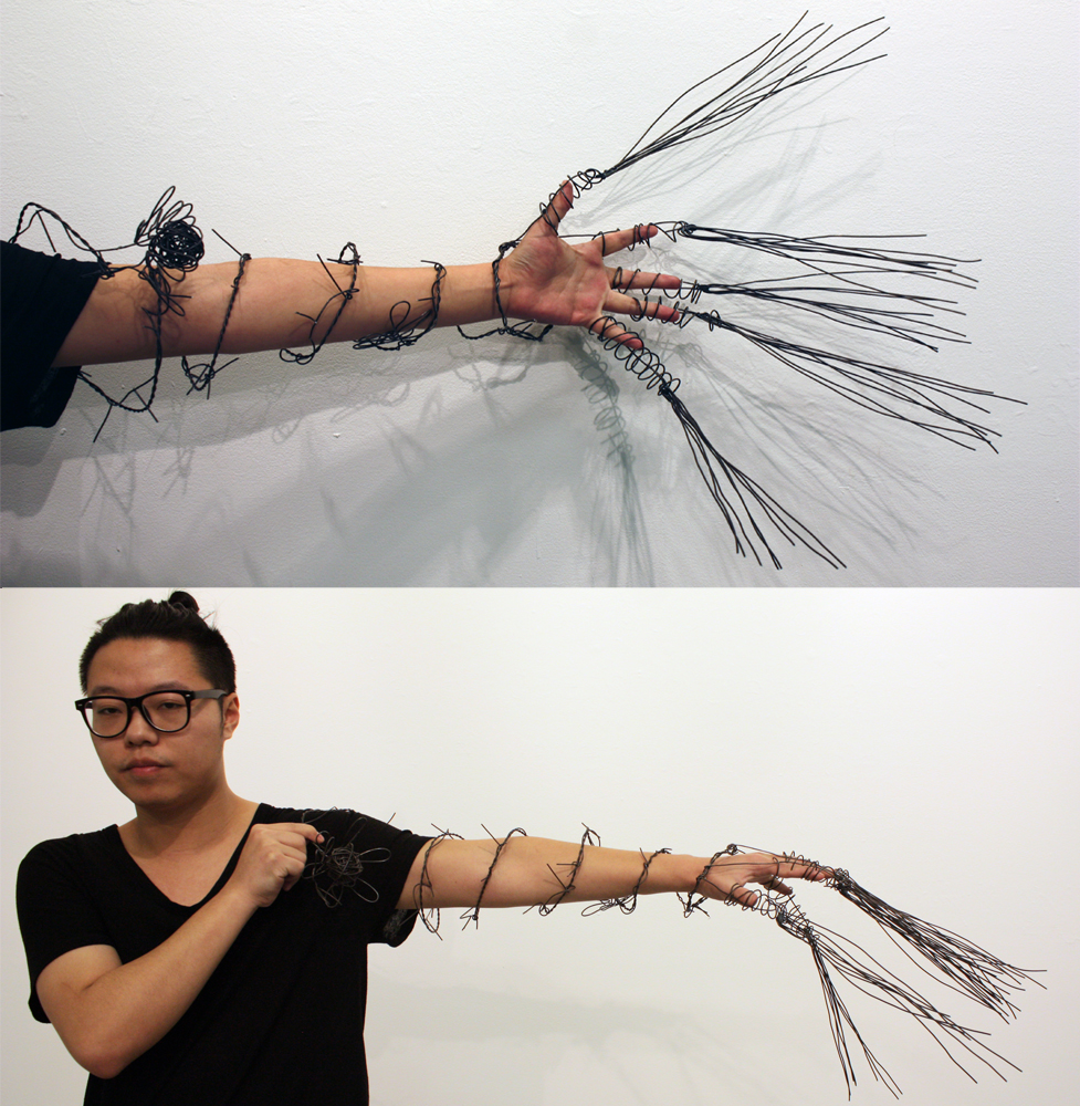 Title: Rose and Thorns Course: Elements of Sculpture Unit: Line | Body Extension Student: Yanqi Xu Media: Wire Dimensions: 2.5’ x 1’ x .5’ Date: Spring 2017 Brief Description: Xu created a body extension piece that formally relates to roses and thorns.