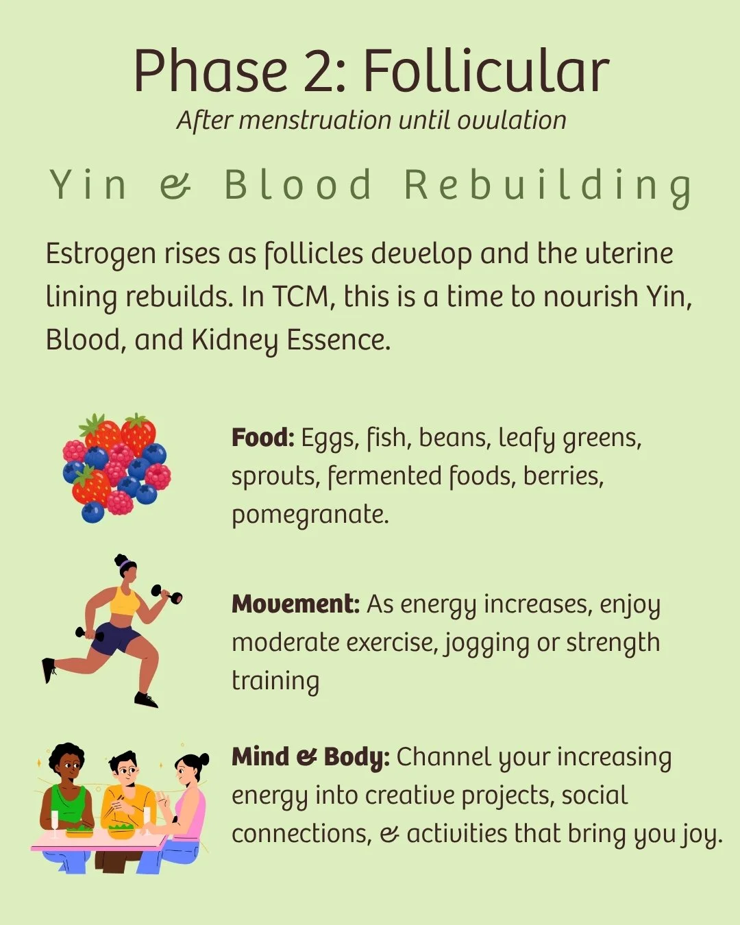 Traditional Chinese Medicine follicular phase guide highlighting Yin and Blood rebuilding, nutritious foods, moderate exercise, and social connection.