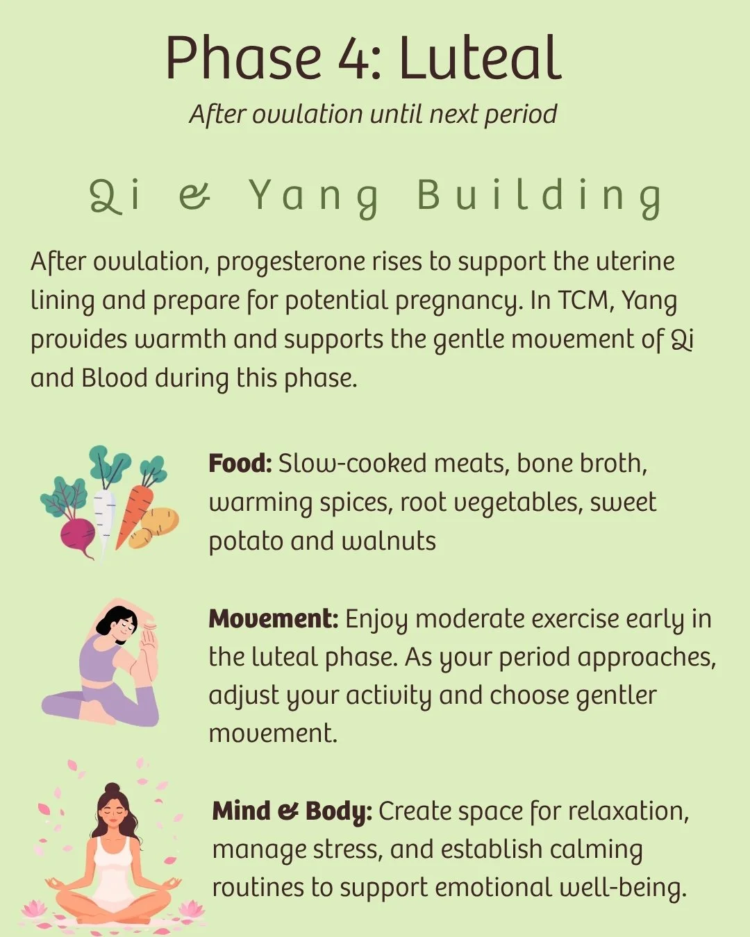 Traditional Chinese Medicine luteal phase guide explaining Qi and Yang building, with warming foods, gentle exercise, and stress management recommendations.