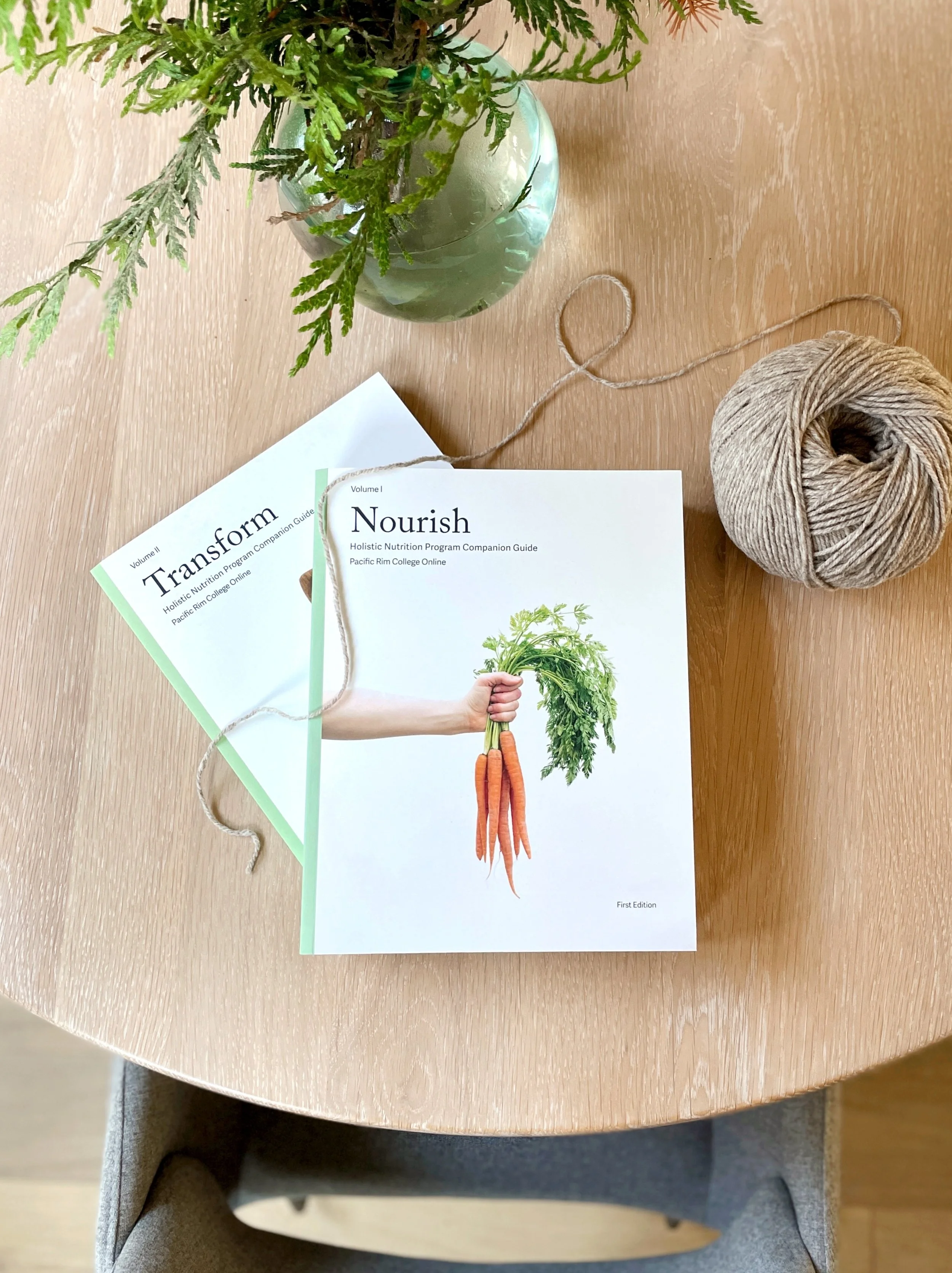 Table with Holistic Nutrition text books on with a skein of wool and branches in vase.