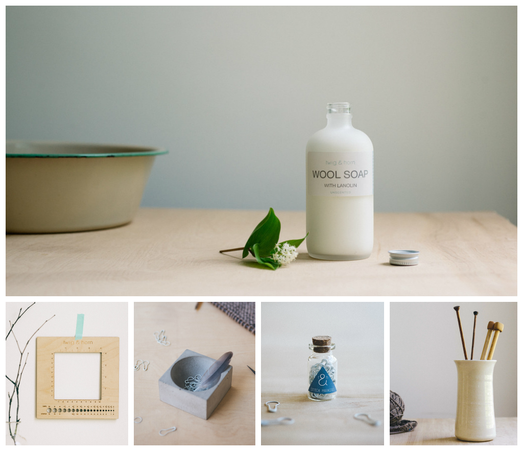 1/ Wool Soap 2/ Gauge Ruler 3/ Notions Dish 4/ Stitch Markers 5/ Needle Vase