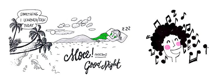 Mistakes as happy accidents: When a lack of spacing suddenly means an island in the sea can double up as a duvet or musical notes merge into a hairstyle.