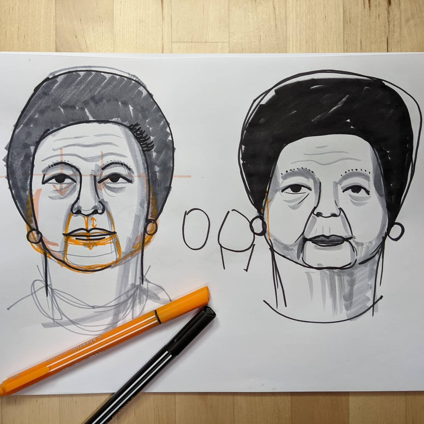 Yesterday, we practiced drawing portraits. This sheet shows my two attempts of the same person. The first one looks nothing like the model, the second one is getting much closer to the actual vibe of the older lady's face. 

My first sketch of anythi